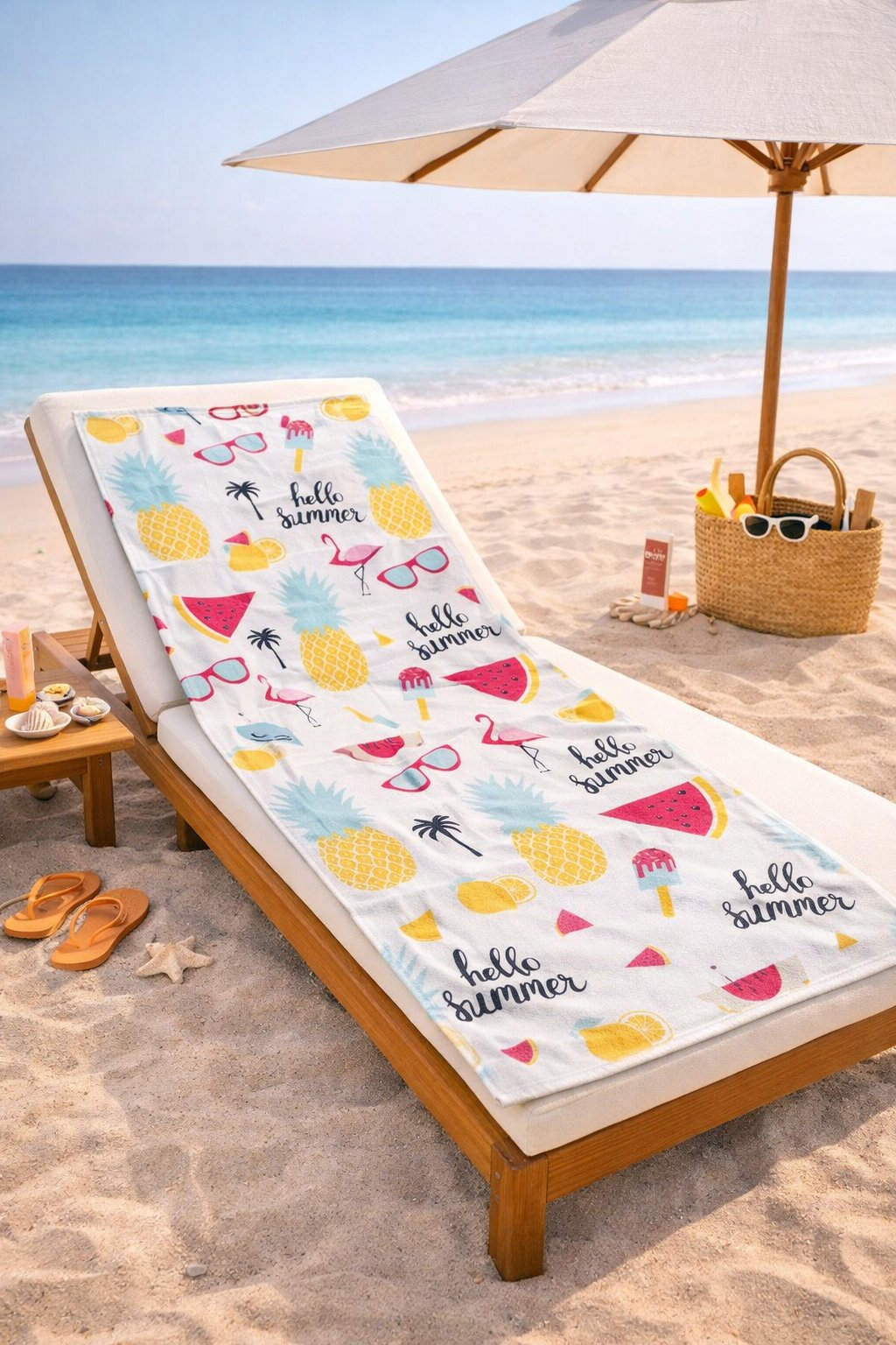 Hello Summer Desenli Premium Plaj Havlusu – Flamingo, Ananas & Karpuz Temalı, Hızlı Kuruyan Yumuşak Havlu