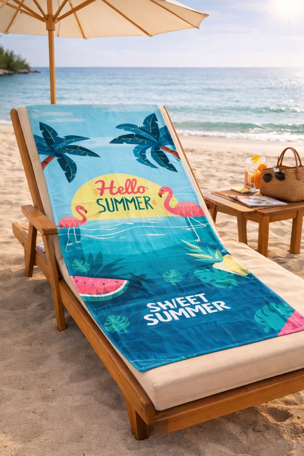 Hello Summer Flamingo Desenli Premium Baskılı Plaj Havlusu – Hızlı Kuruyan Tropikal Deniz Havlusu 75x150 cm