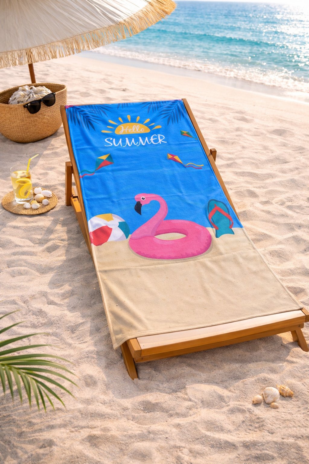 Hello Summer Flamingo Desenli Premium Baskılı Plaj Havlusu – Yazlık Deniz Havlusu 75x150 cm