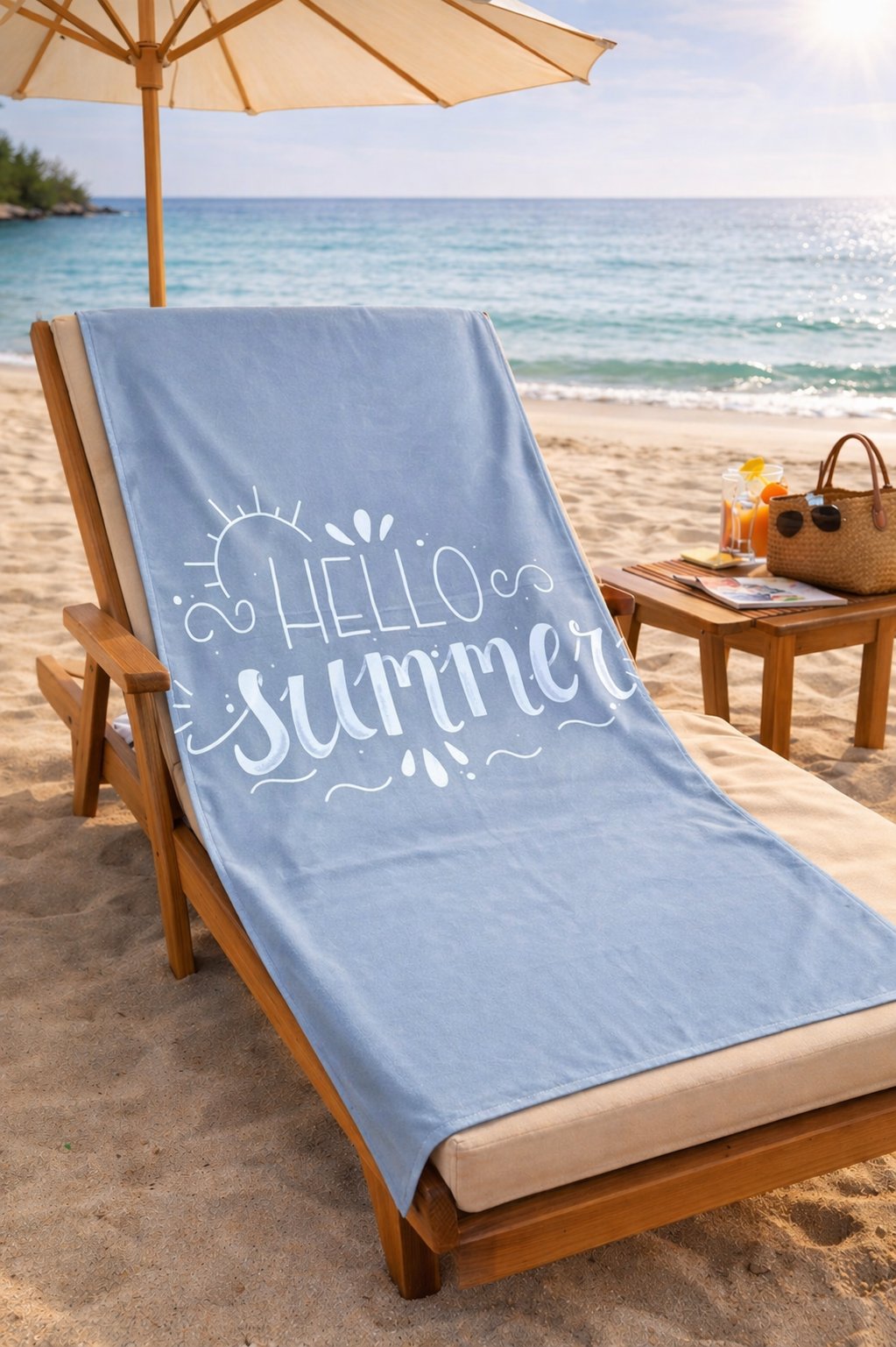 Hello Summer Yazılı Premium Baskılı Plaj Havlusu Açık Mavi Yazlık Deniz Havlusu 75x150 cm