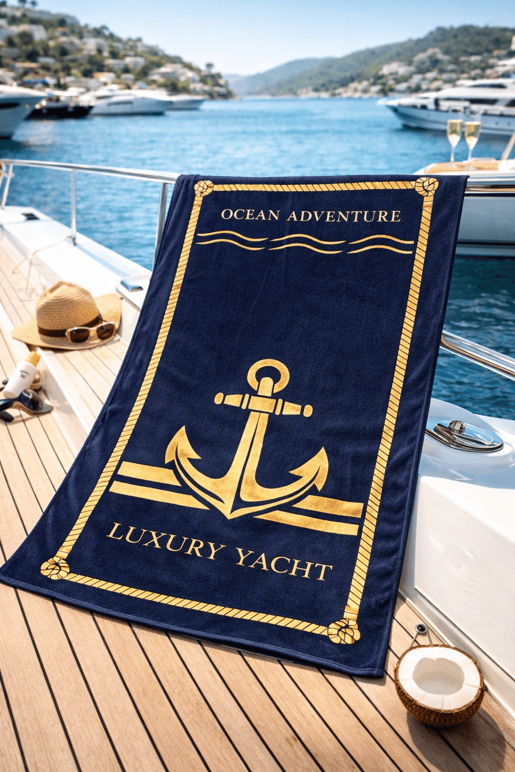 Luxury Yacht Siyah Çapa Desenli Plaj ve Banyo Havlusu 75×150 cm – Yumuşak ve Emici
