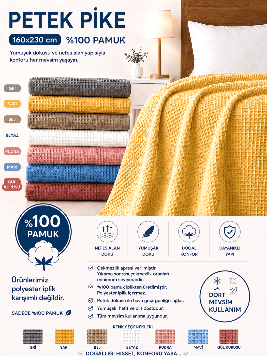 Petek Pike %100 Pamuk Tek Kişilik 160x230 cm – Yumuşak, Nefes Alan, Dört Mevsim Kullanım - Sarı