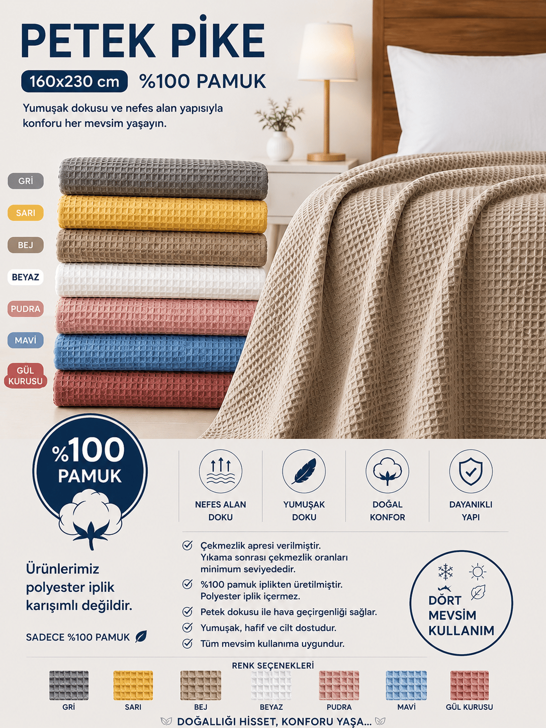 Petek Pike %100 Pamuk Tek Kişilik 160x230 cm – Yumuşak, Nefes Alan, Dört Mevsim Kullanım - Bej