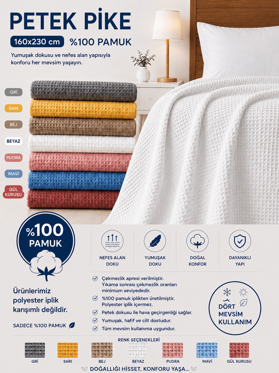 Petek Pike %100 Pamuk Tek Kişilik 160x230 cm – Yumuşak, Nefes Alan, Dört Mevsim Kullanım