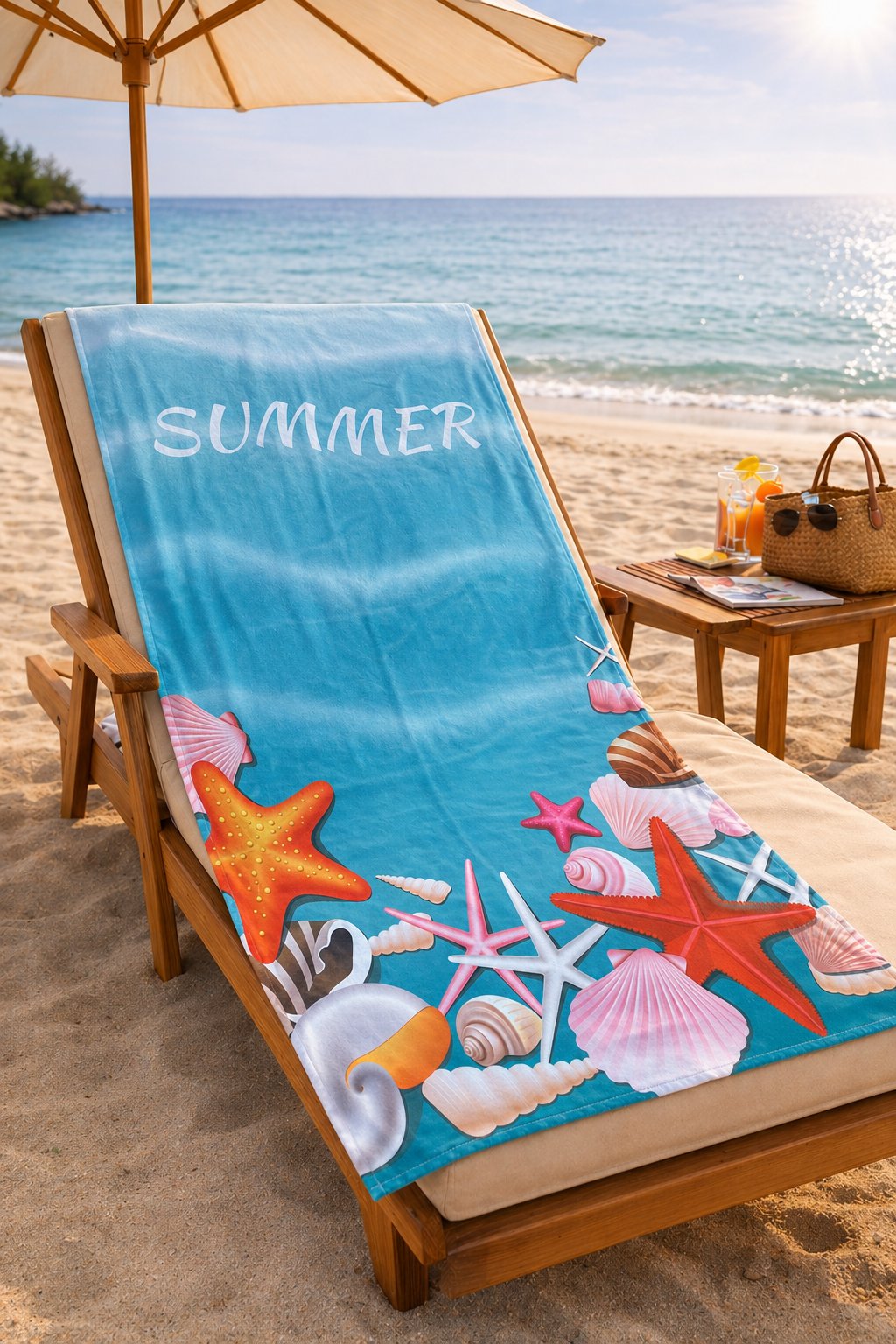 Summer Yazılı Deniz Kabuklu Premium Plaj Havlusu 75x150 cm – Hızlı Kuruyan Yazlık Deniz Havlusu