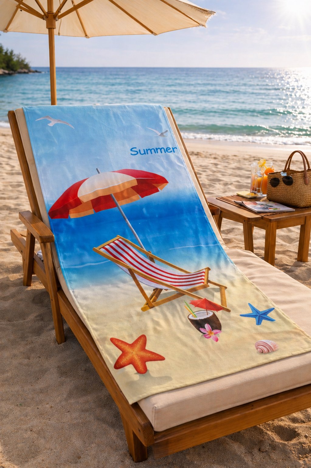 Summer Yazılı Şezlong & Şemsiye Desenli Premium Plaj Havlusu 75x150 cm – Hızlı Kuruyan Yazlık Deniz Havlusu