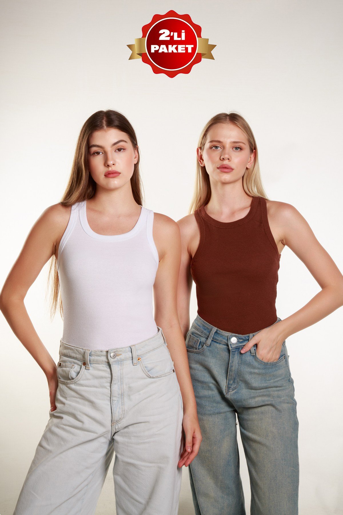 2Li Kadın Fitilli Halter Yaka T-shirt  Örme Atlet 2LiPaket