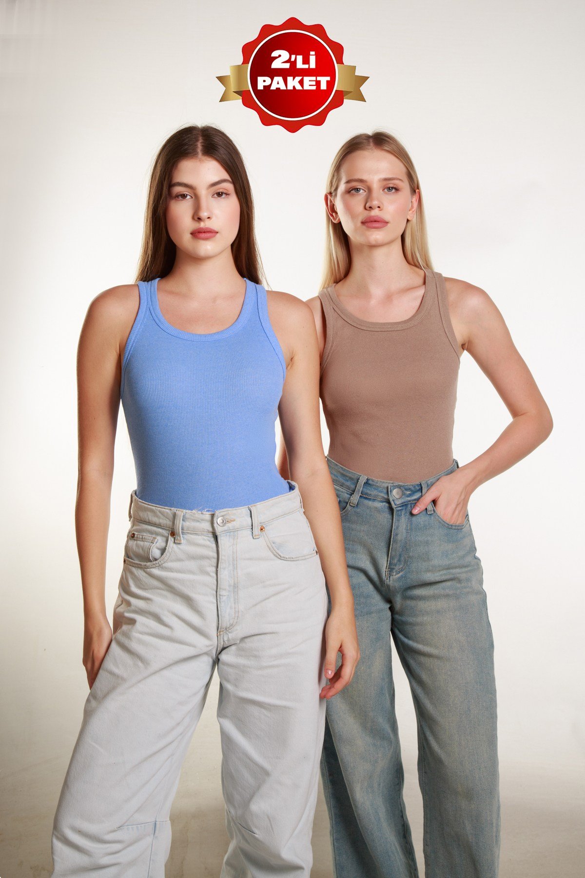 2Li Kadın Fitilli Halter Yaka T-shirt  Örme Atlet 2LiPaket