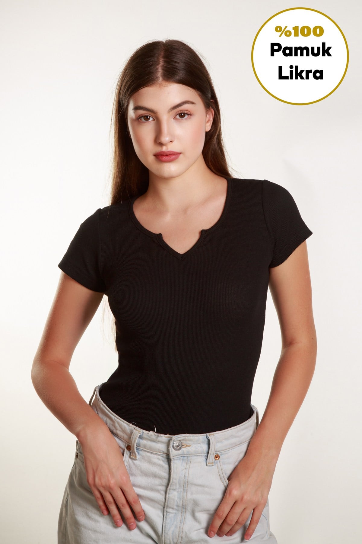 Kadın  Basic Fitilli  Likralı V Yaka Kollu Tshirt Atlet Bluz