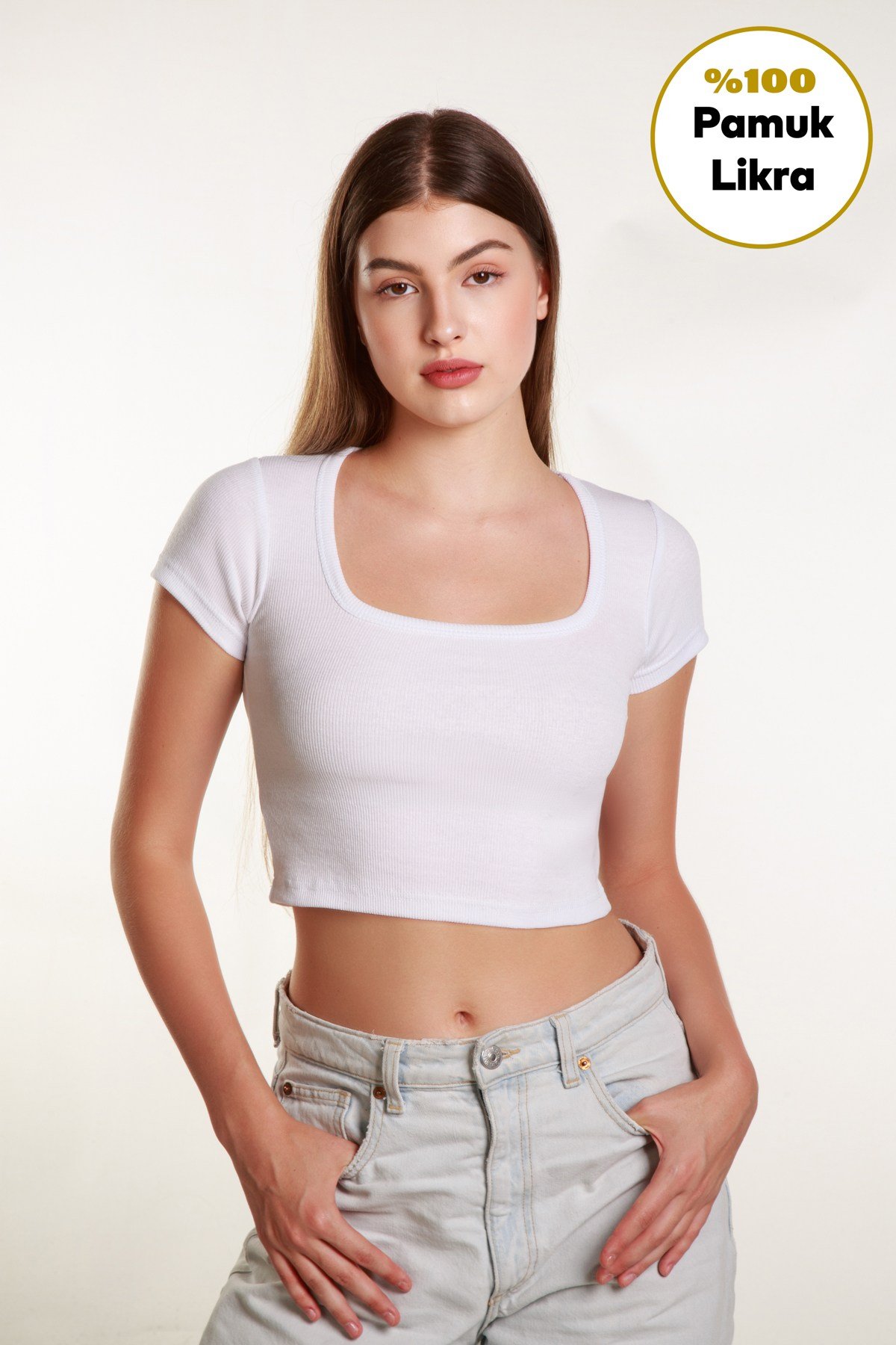 Kadın Fitilli Crop Kare yaka Fitilli Kısa Kollu T-shirt Atlet