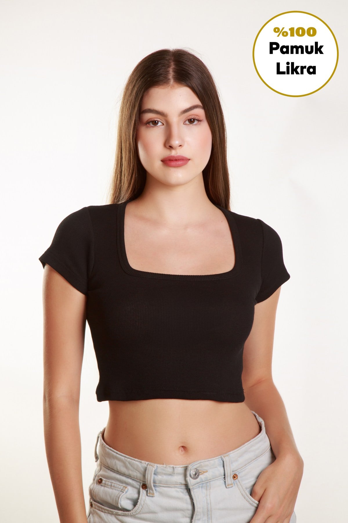 Kadın Fitilli Crop Kare yaka Fitilli Kısa Kollu T-shirt Atlet