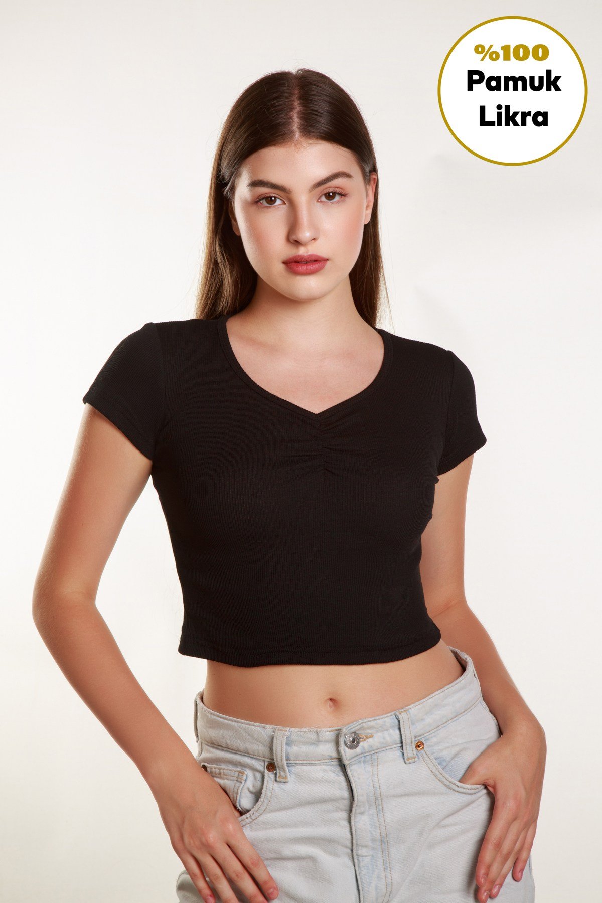 Kadın Fitted Crop Ön Yaka Bözgülü Fitilli Kollu Tshirt Atlet Bluz