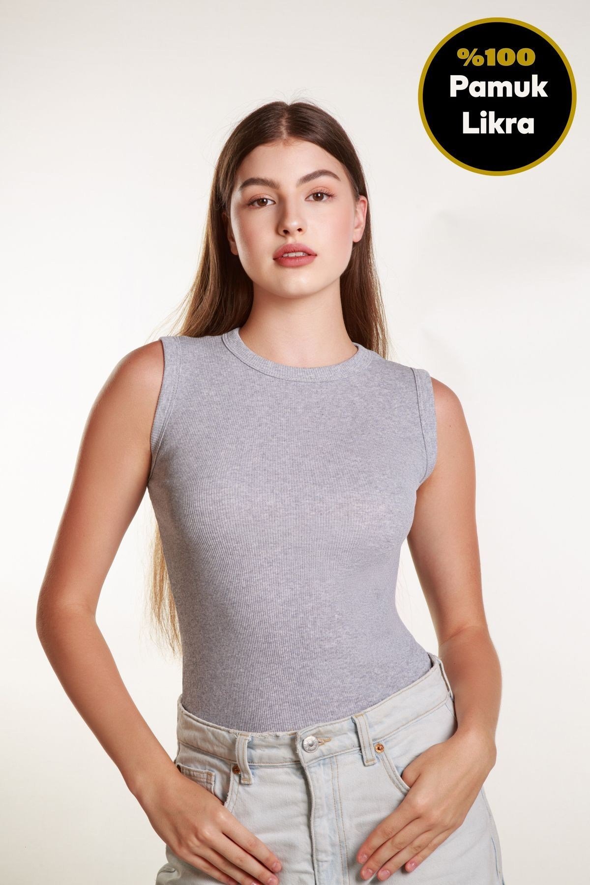 Kadın Gri Fitilli Likralı Sıfır Kol Bisiklet Yaka Örme Atlet Tshirt Bluz