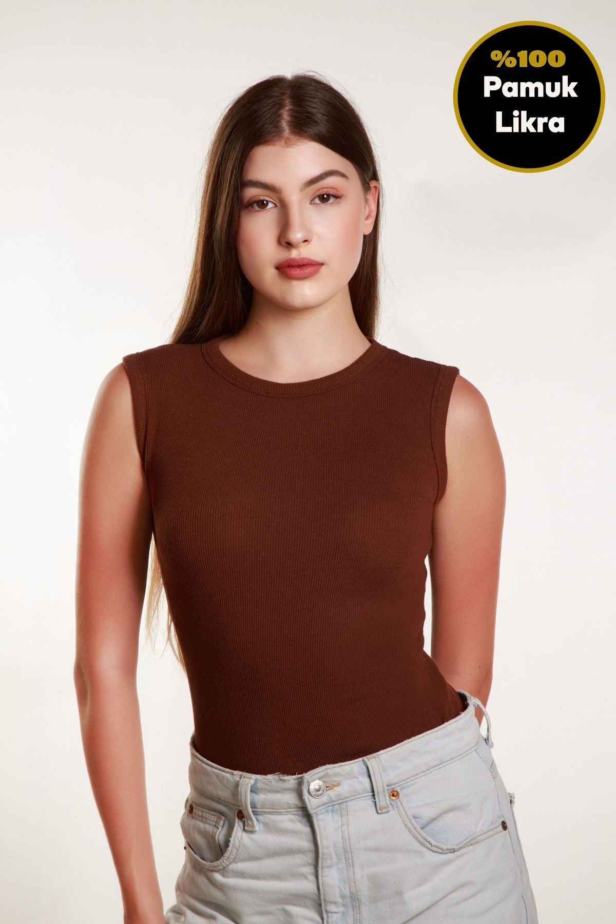 Kadın Kahverengi Fitilli Likralı Sıfır Kol Bisiklet Yaka Örme Atlet Tshirt Bluz