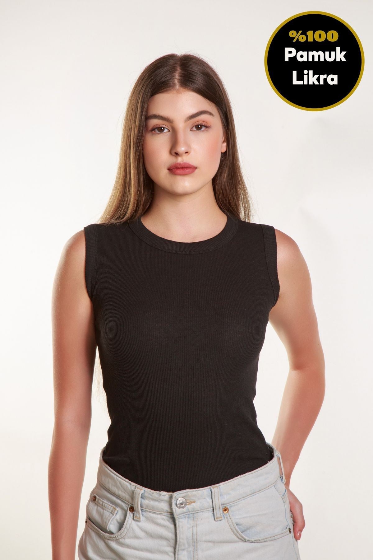 Kadın Siyah Fitilli Likralı Sıfır Kol Bisiklet Yaka Örme Atlet Tshirt Bluz