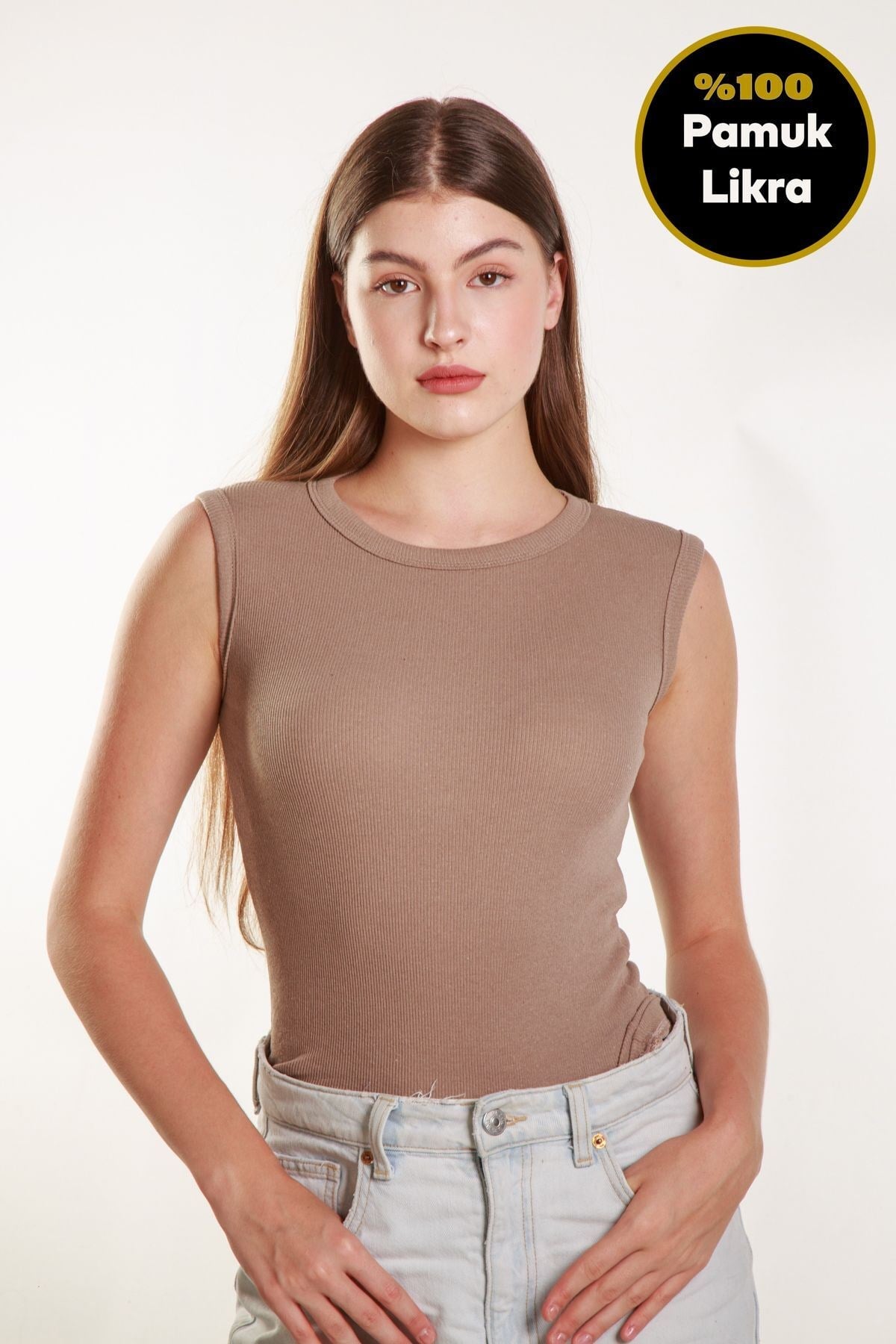 Kadın Vizyon Fitilli Likralı Sıfır Kol Bisiklet Yaka Örme Atlet Tshirt Bluz