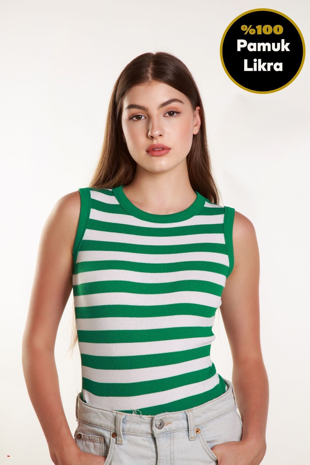 Kadın Yeşil Beyaz Çizgili Fitilli Likralı Sıfır Kol Bisiklet Yaka Örme Atlet Tshirt Bluz