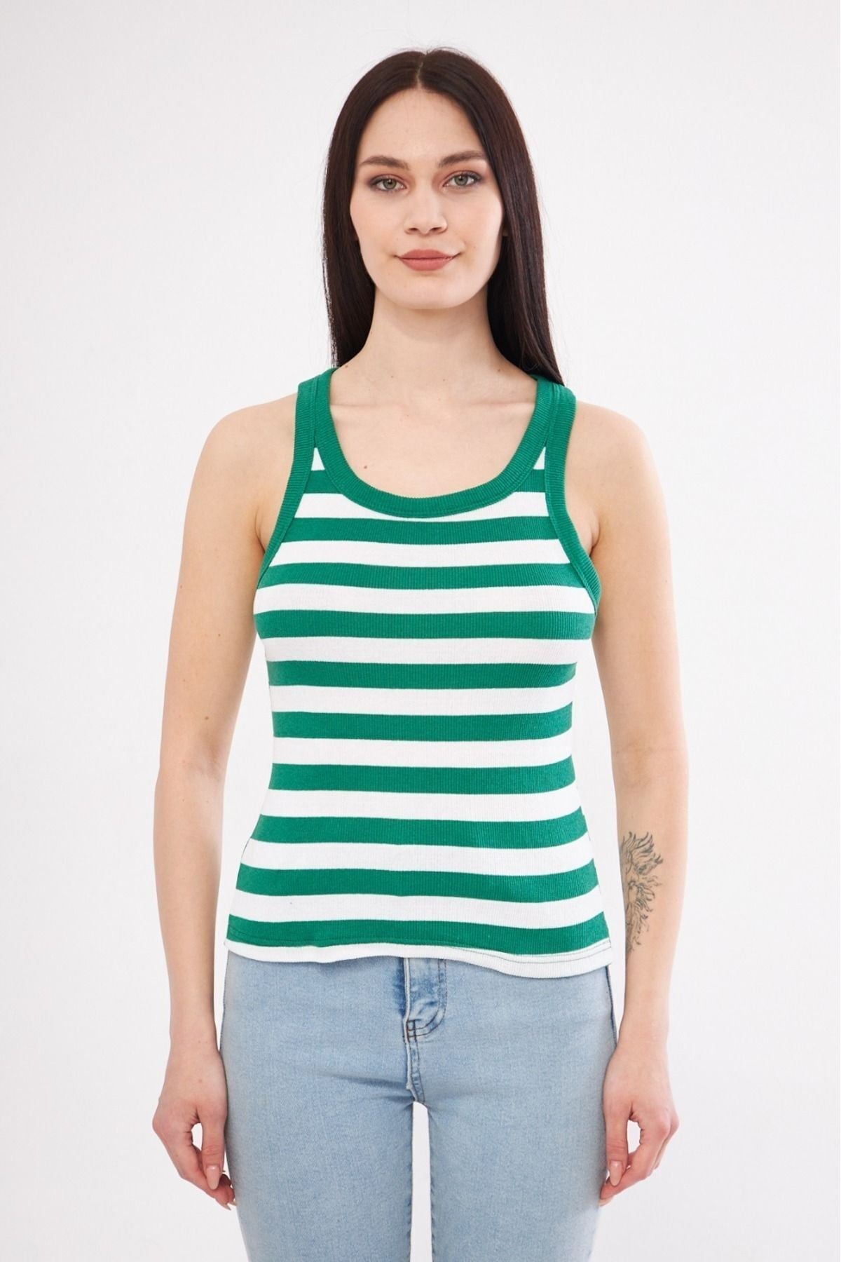 Kadın Yeşil Beyaz Çizgili Fitilli Likralı T-shirt Halter Yaka Örme Atlet
