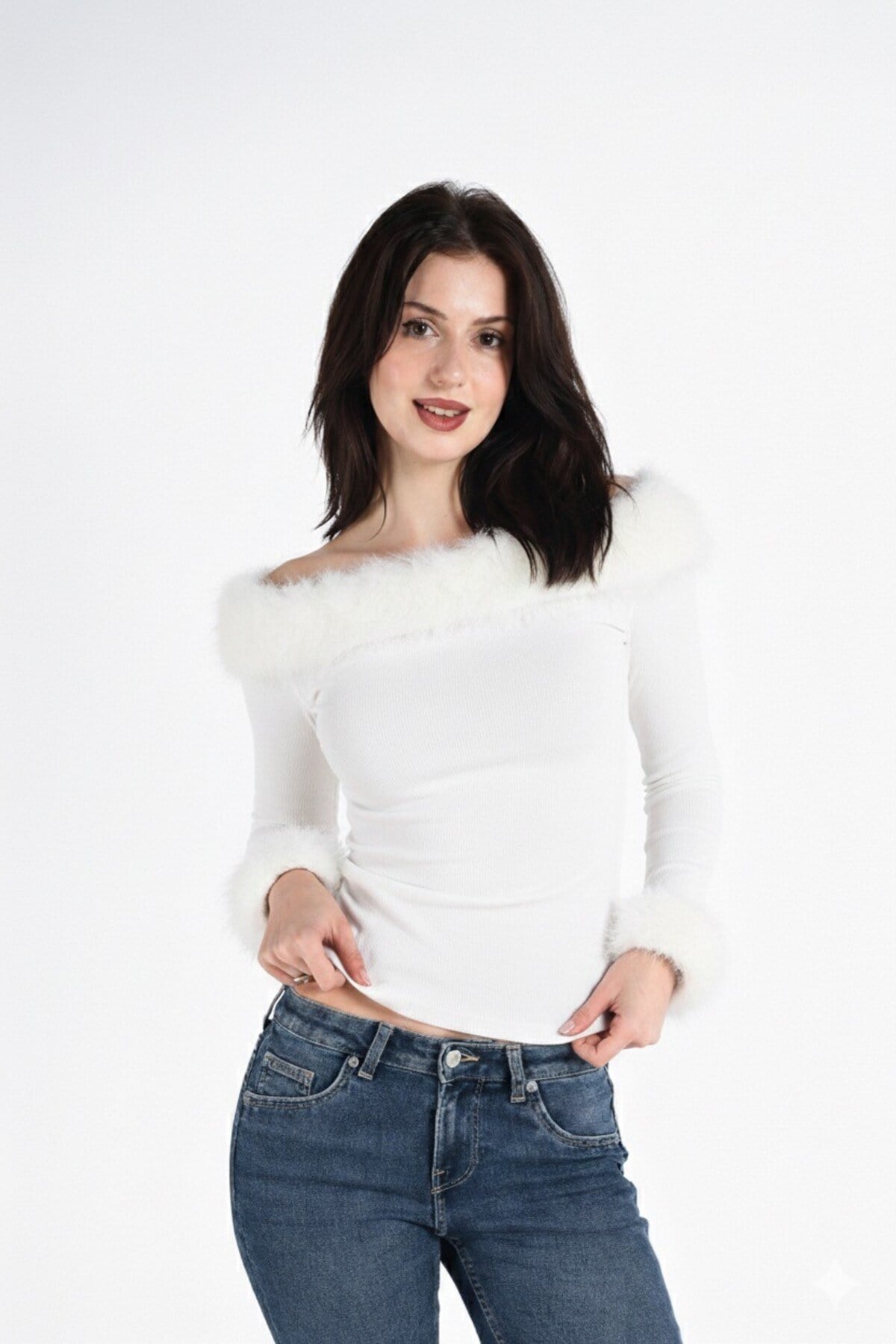 Suni Kürklü Kayık Yaka Uzun Kollu Dalgıç Slim Fit Off Shoulder Bluz