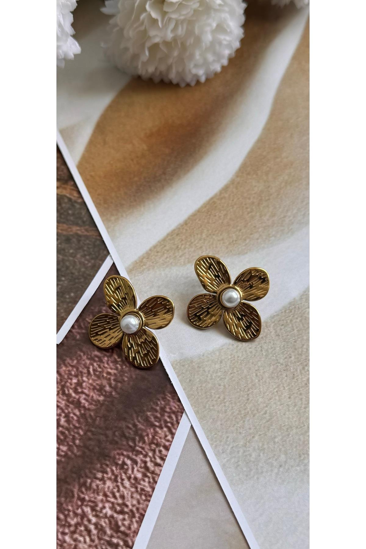 Çelik gold pinterest çiçek küpe