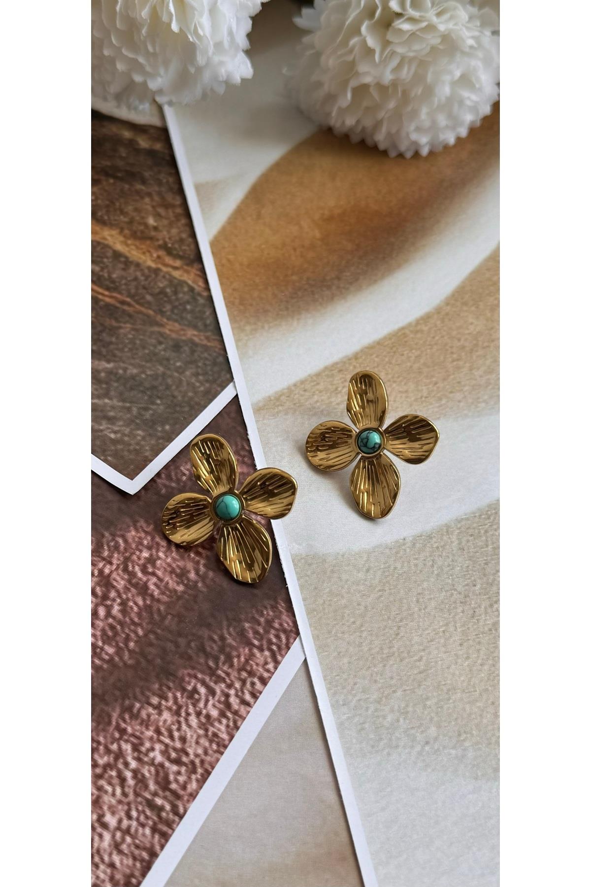 Çelik pinterest gold çiçek küpe