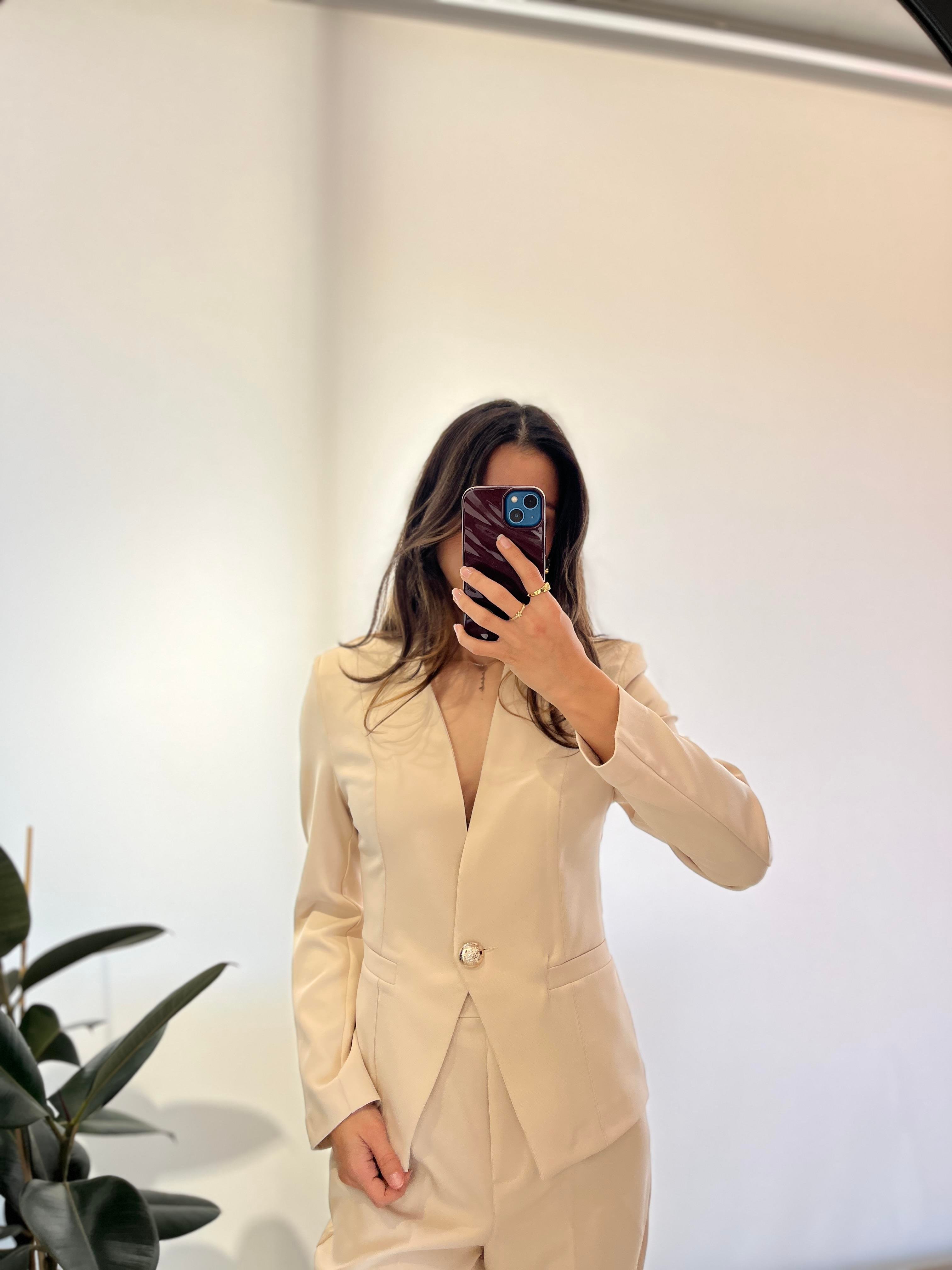 BEJ GOLD DETAYLI BLAZER CEKET TAKIM