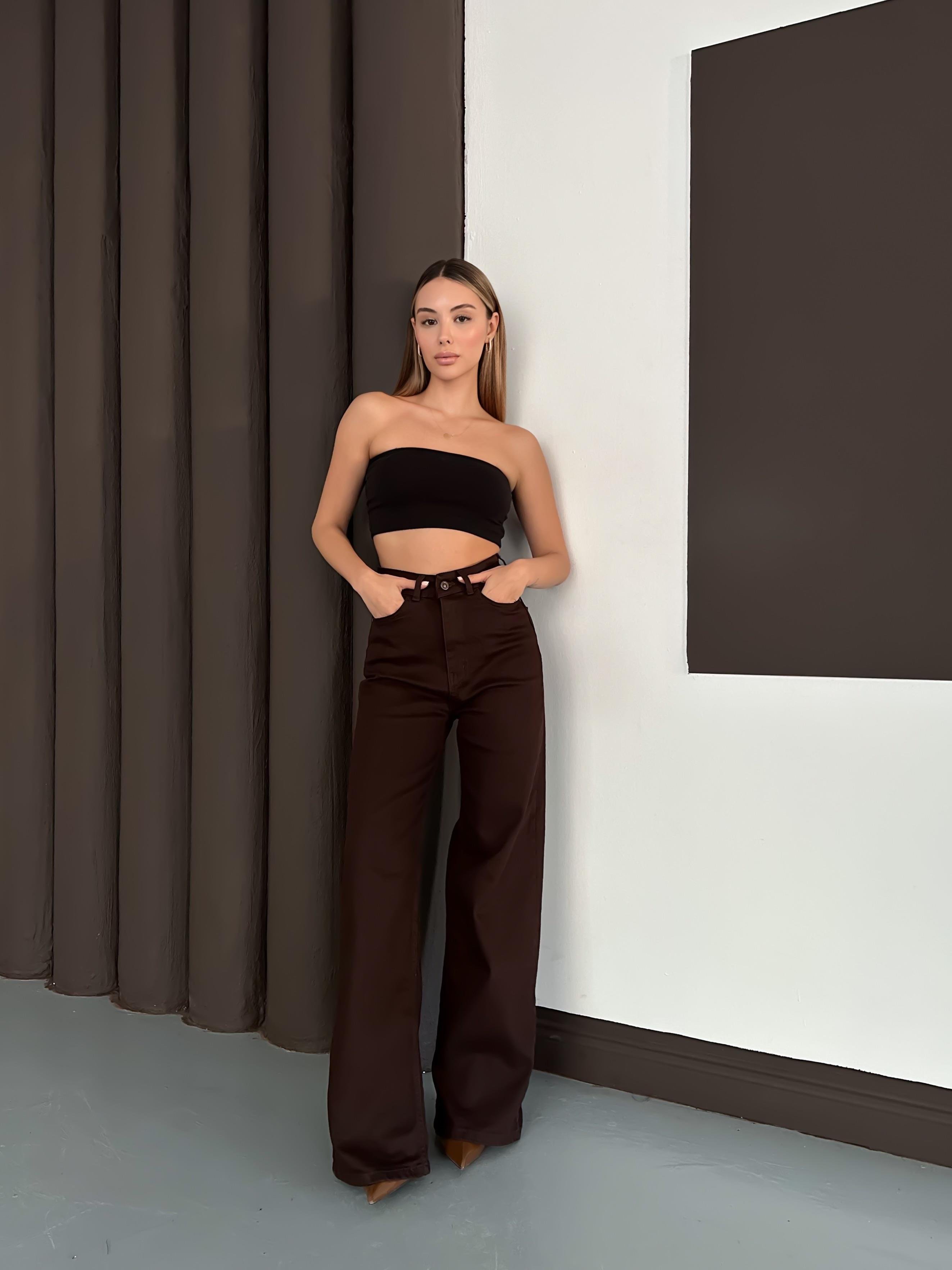 Kahve Palazzo Straight Baggy Kot Kadın Pantolon