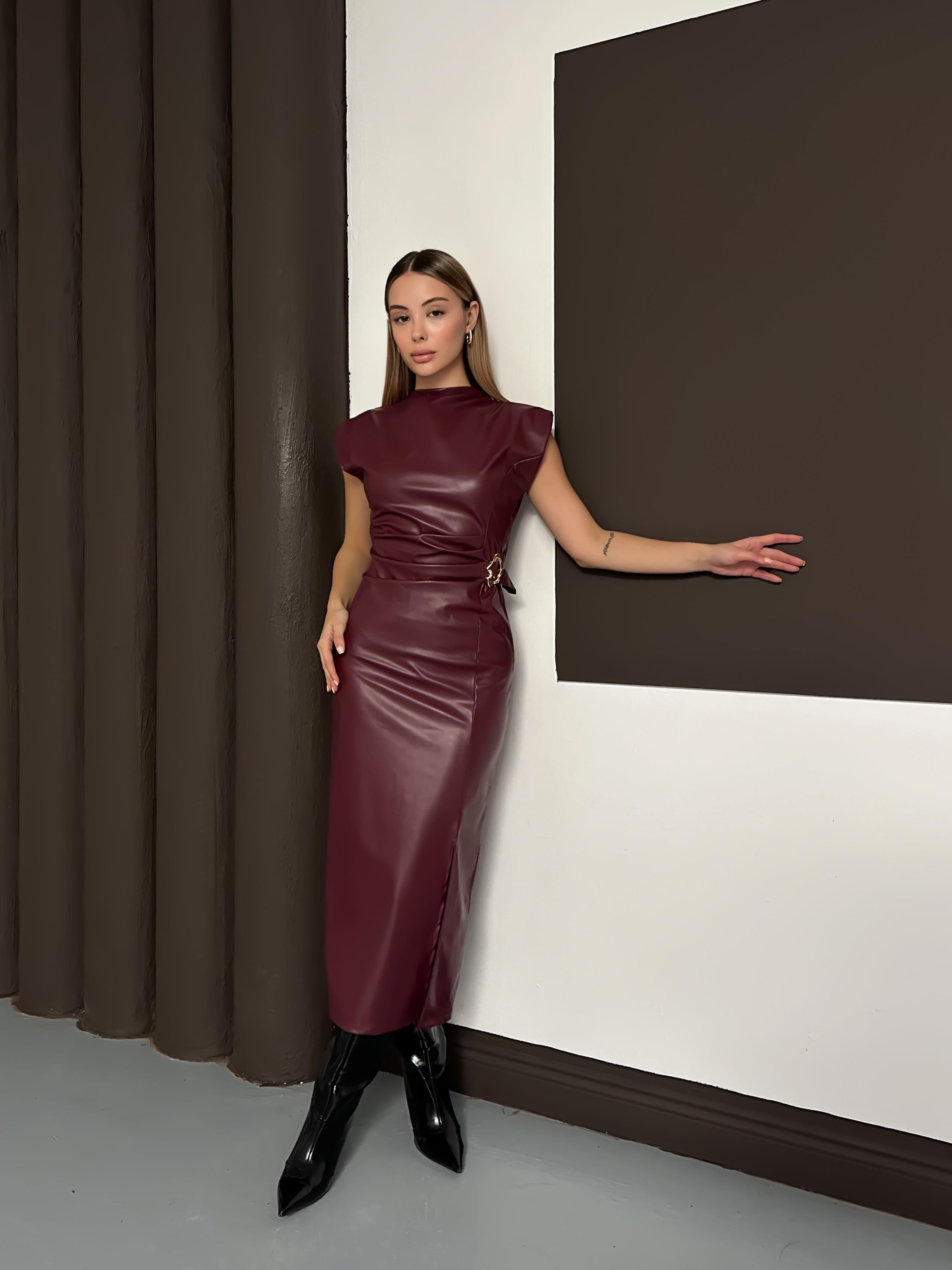 Taylor Midi Deri Elbise Bordo
