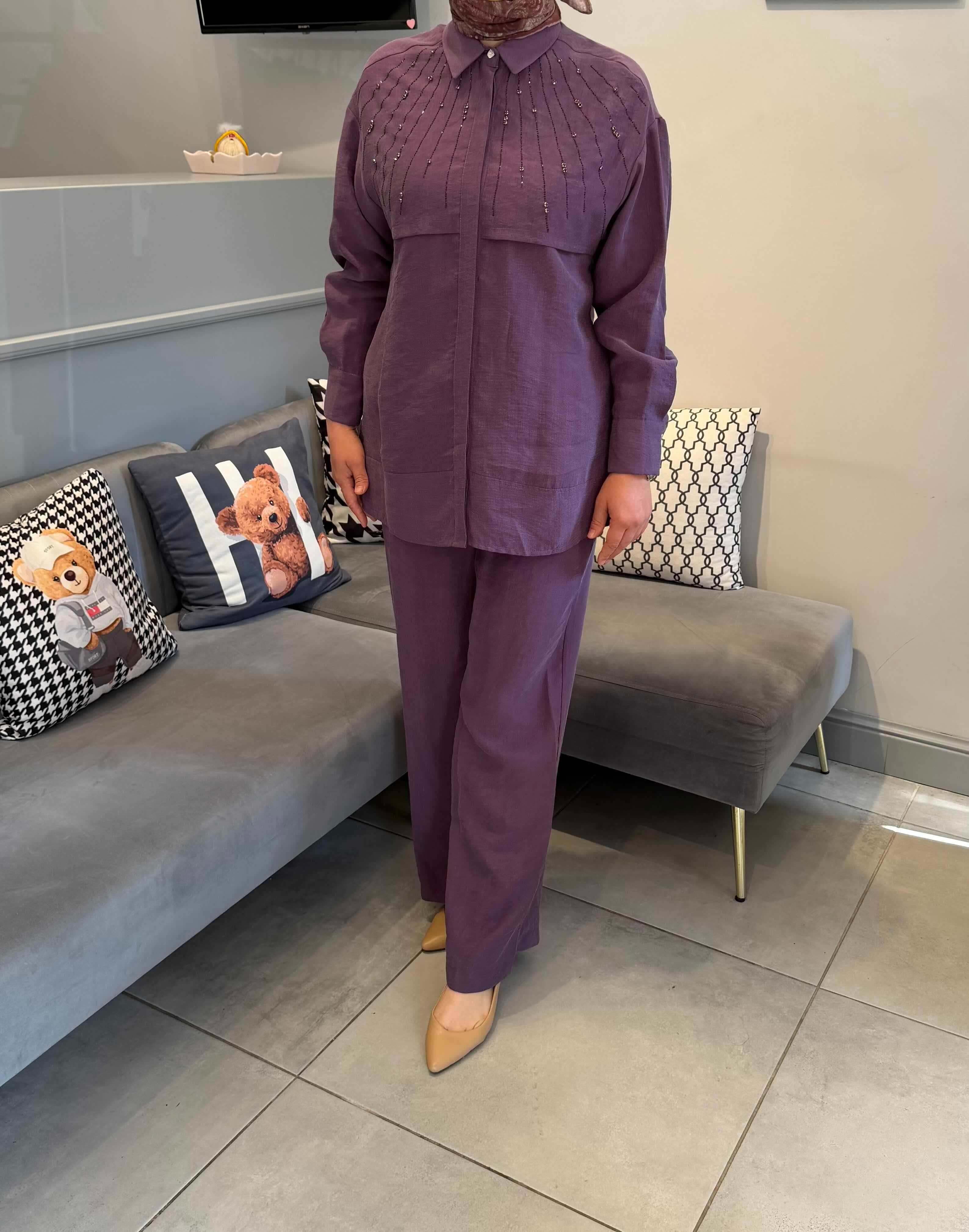 TAŞ DETAYLI MOR KETEN TAKIM