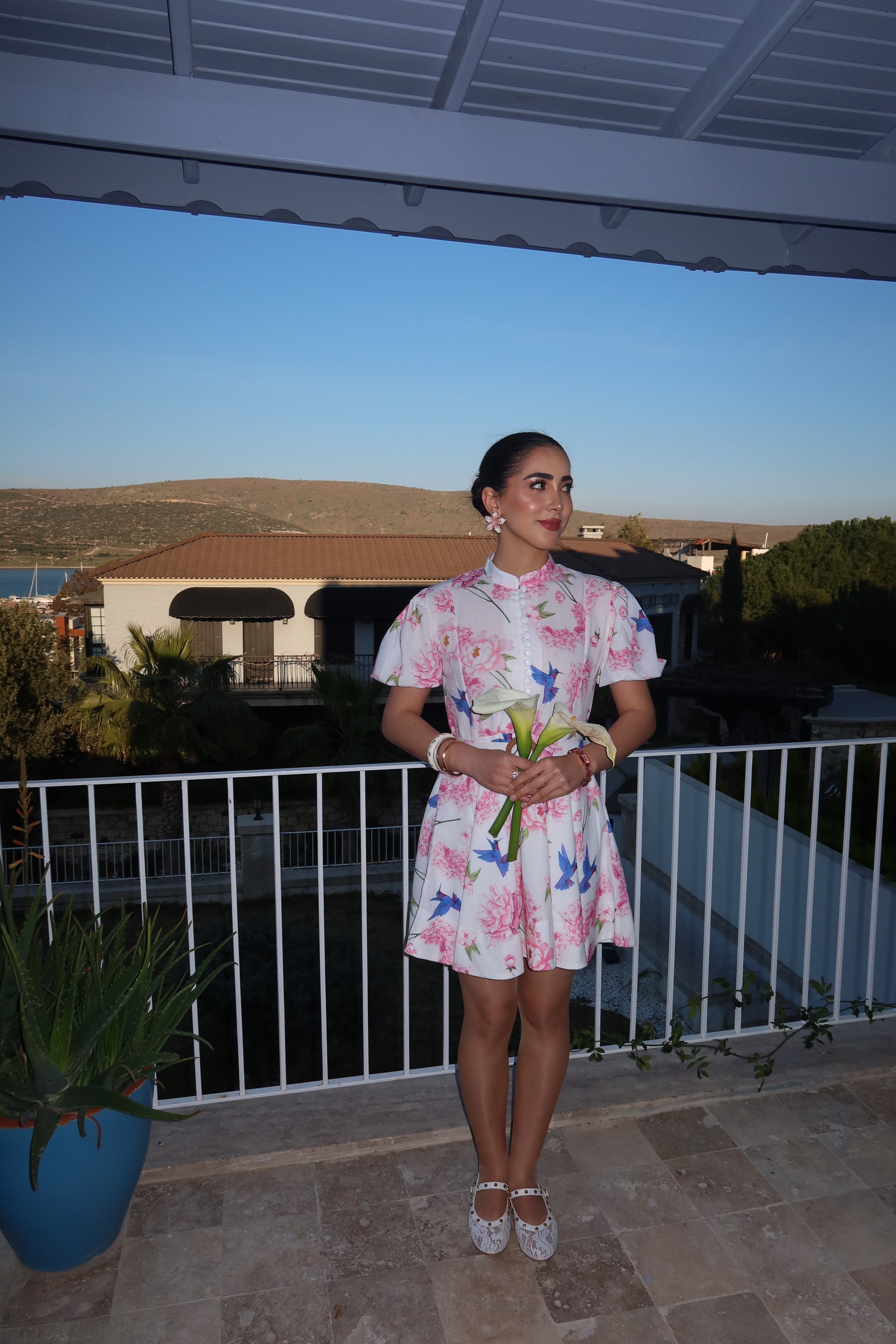 CICEK DESEN KETEN PEMBE ELBISE