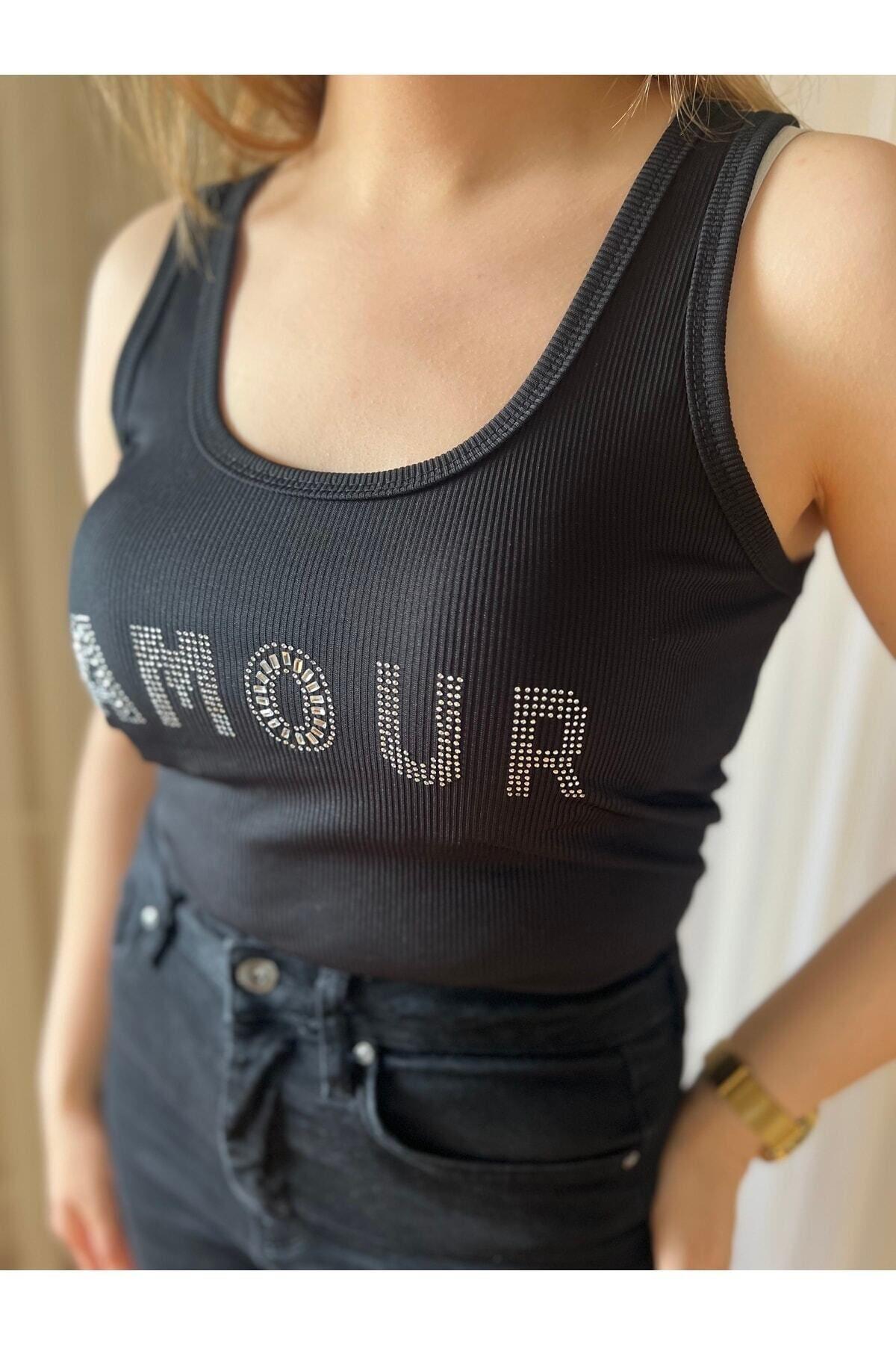 Amour Yazılı Taş Detaylı Siyah Atlet