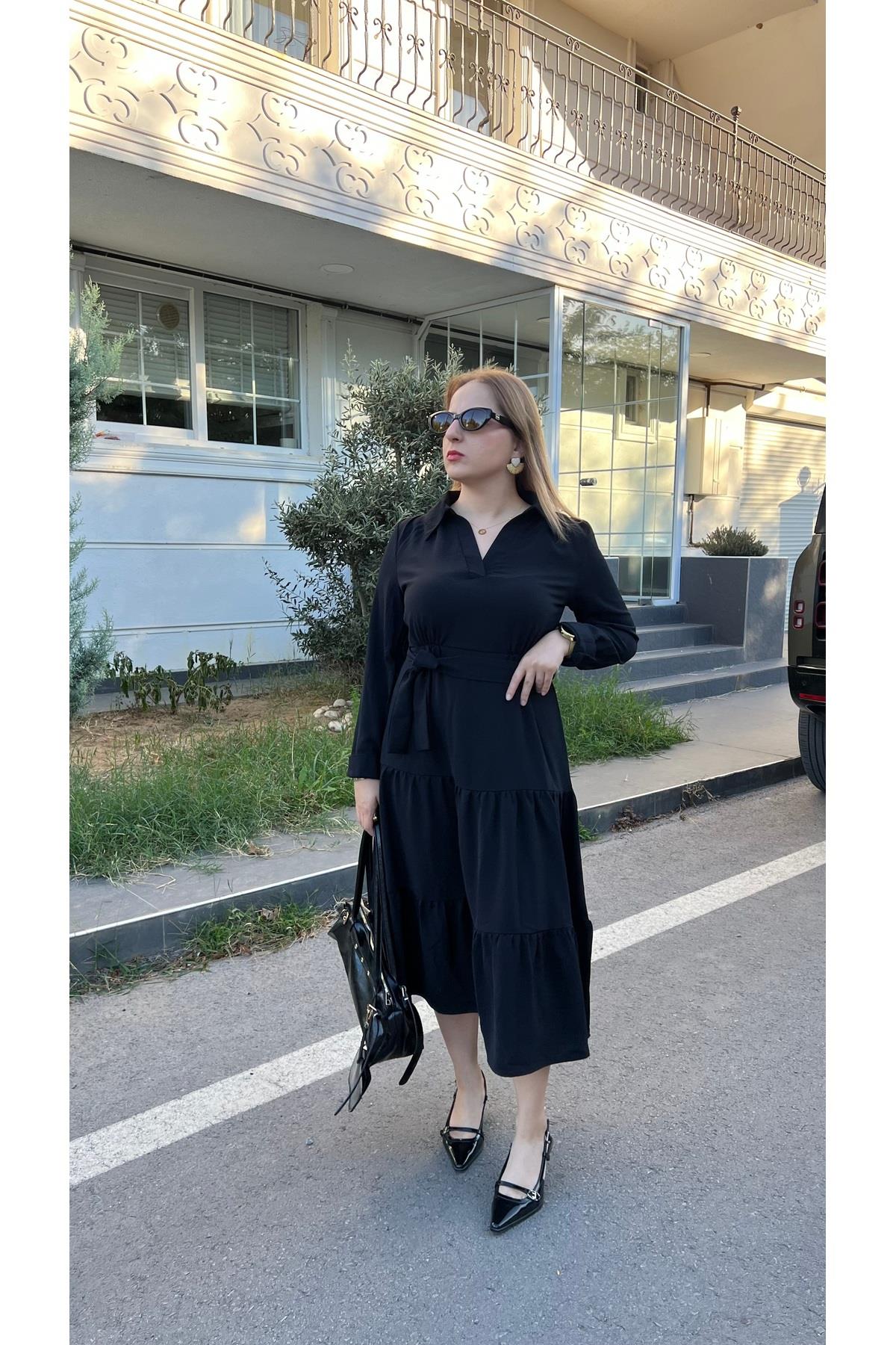 Beli Kuşaklı Siyah Gömlek Elbise