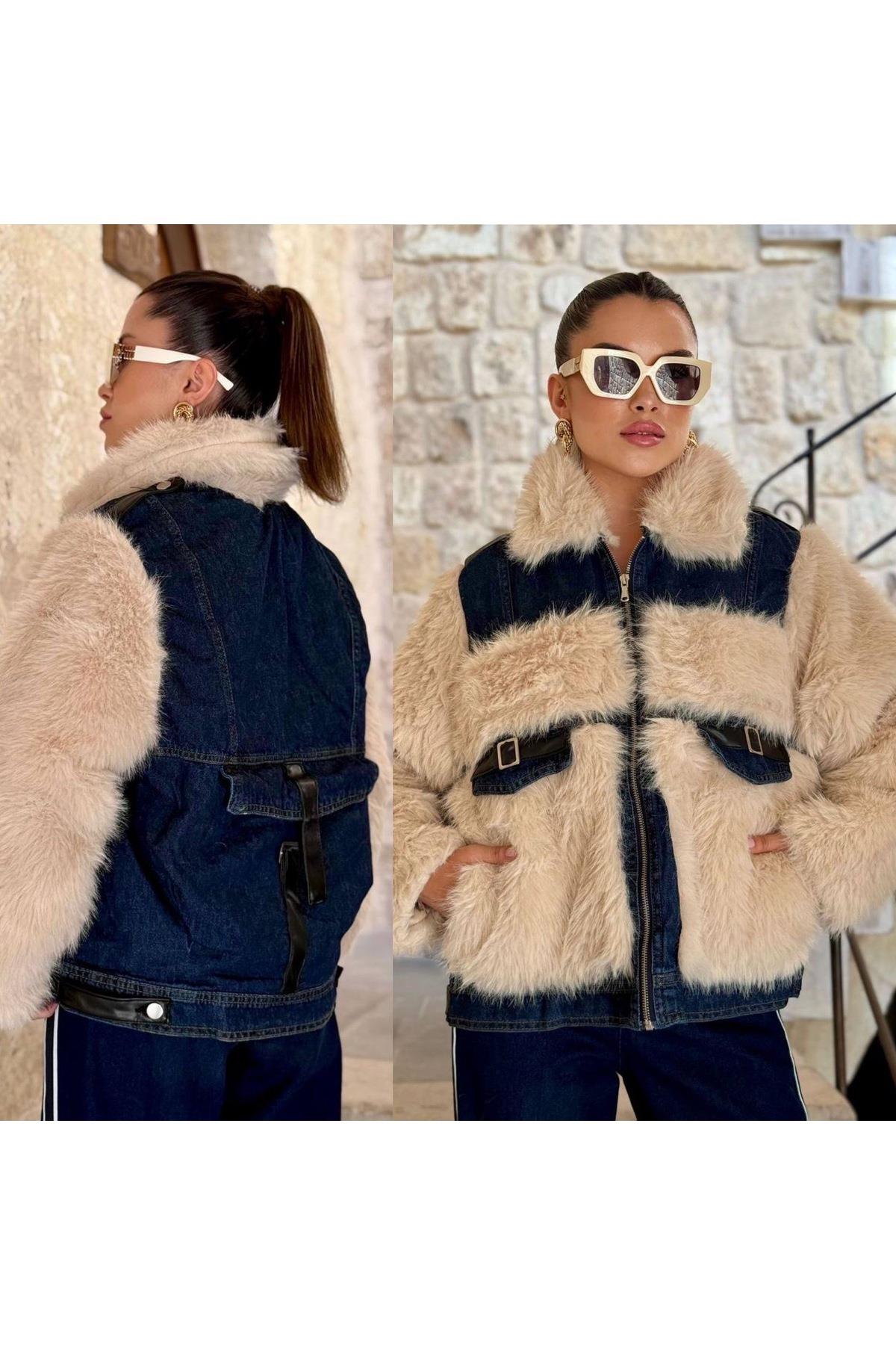 Denim Ve Deri Detaylı Tasarım Beyaz Kürk