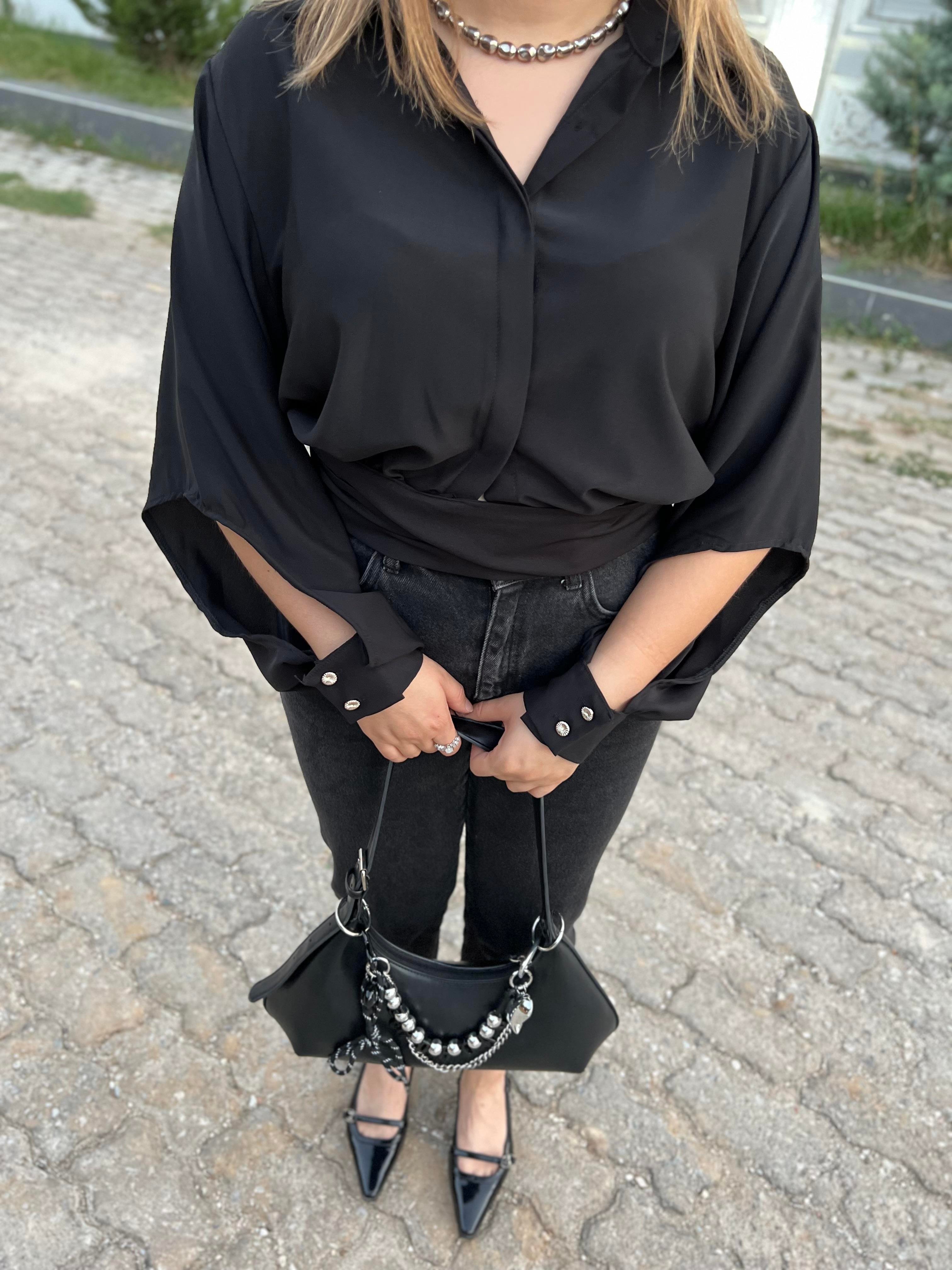 Dubai Bağlamalı Uzun Kol Siyah Gömlek