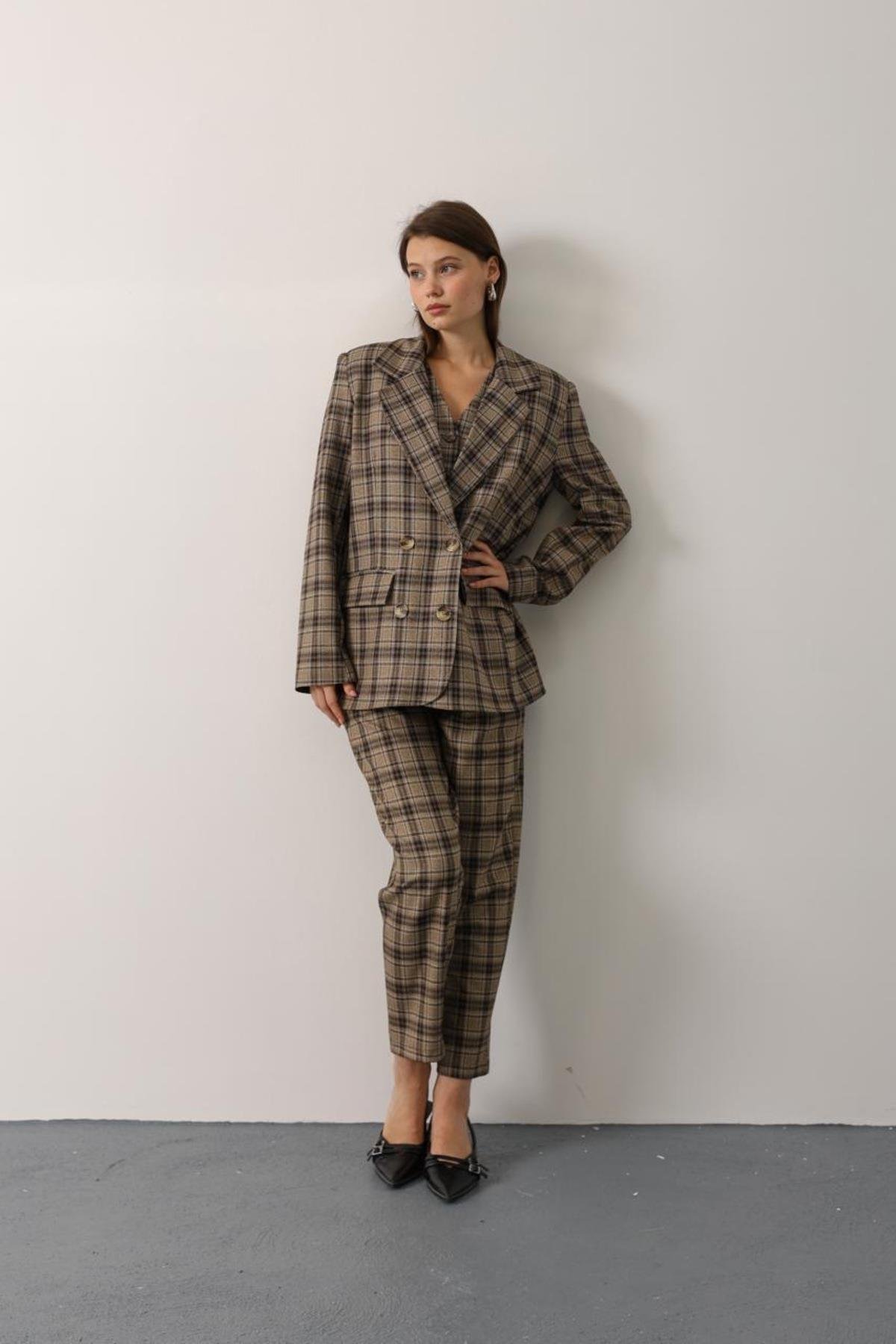 Kareli Oversize Kahve Blazer Ceket