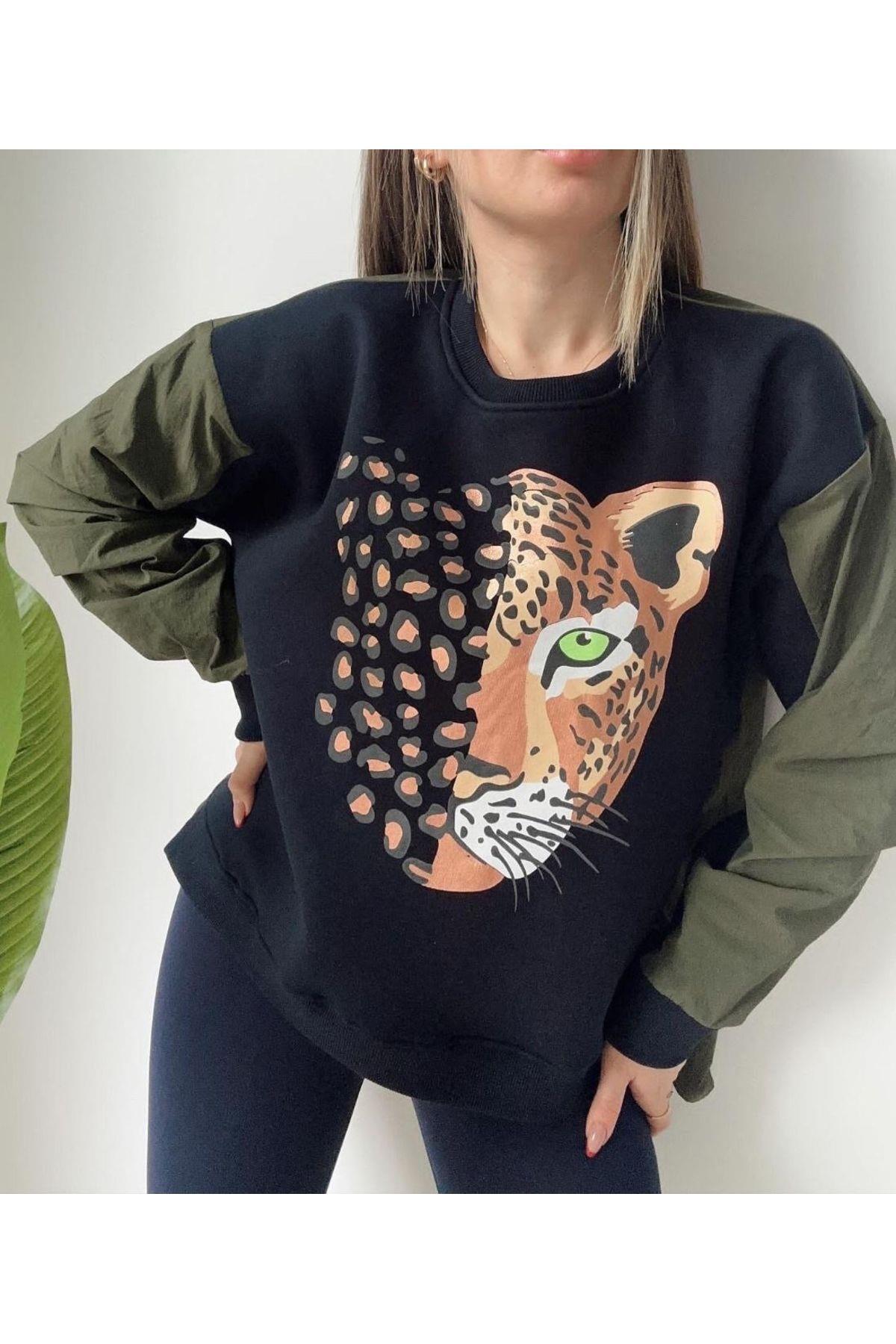 Kolları Paraşüt Leopar Desenli Oversize Lacivert Sweatshirt