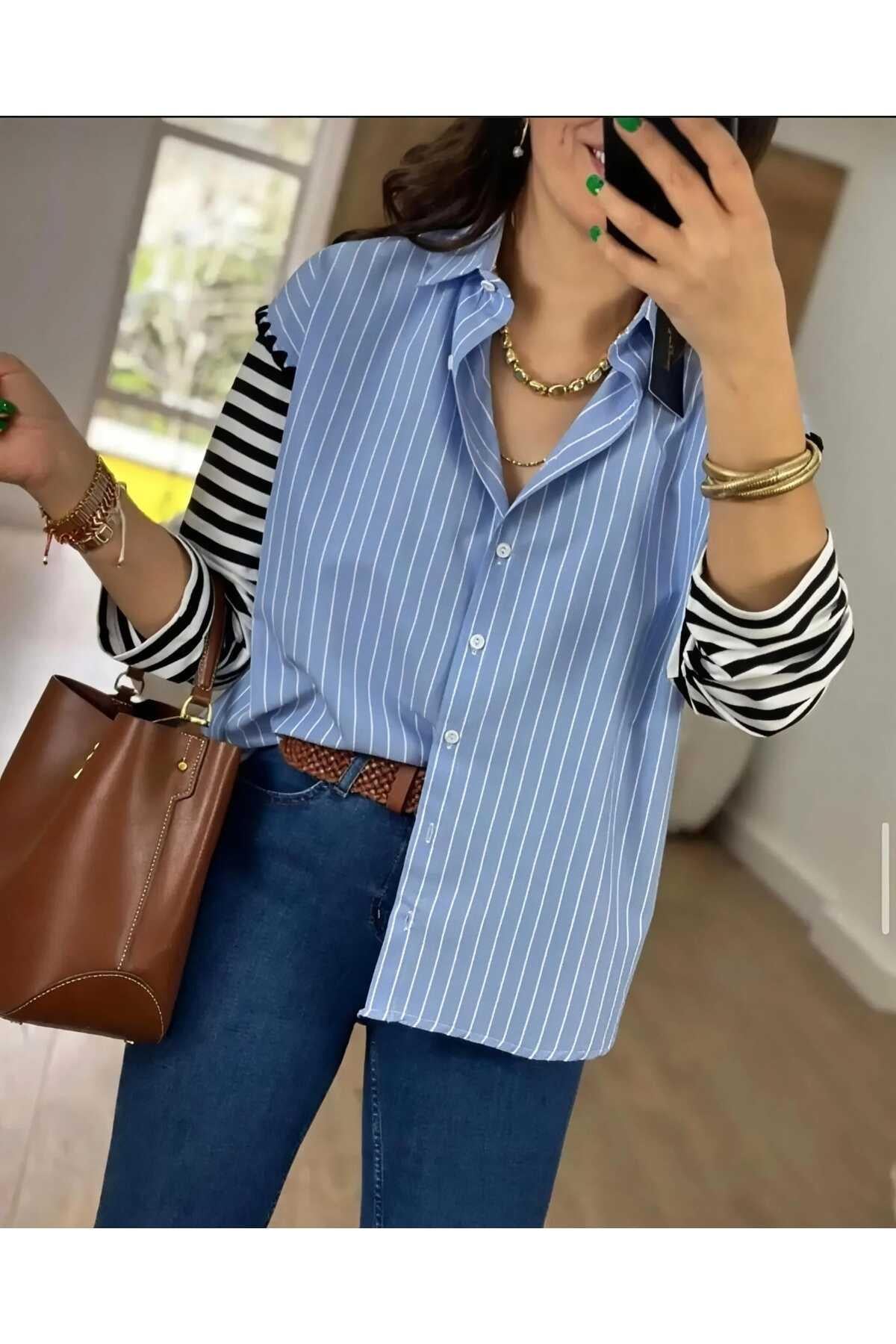 Kolları Penye Detaylı Çizgili Mavi Poplin Kadın Gömlek