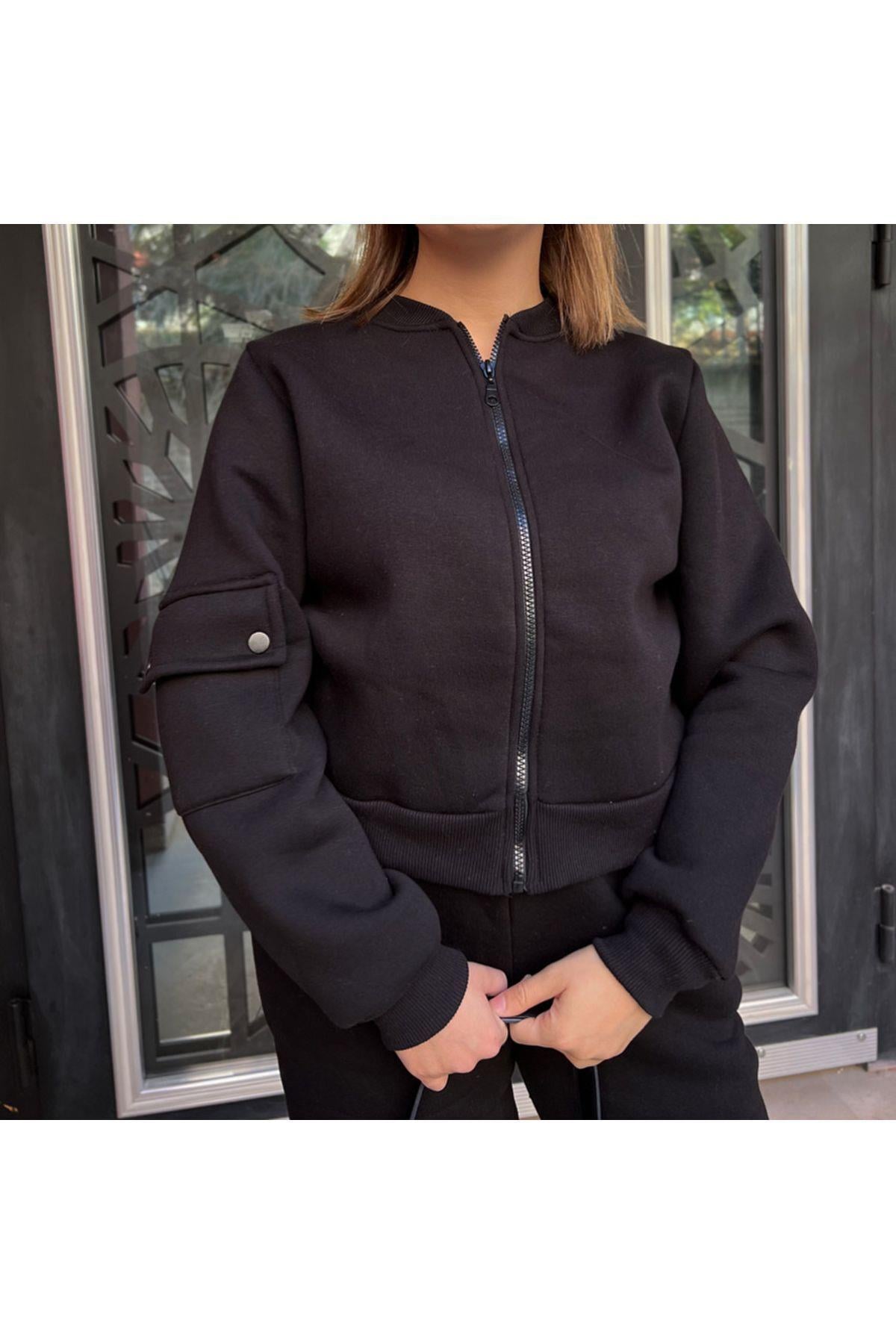 Kolu Cepli Fermuarlı Siyah Sweatshirt Hırka