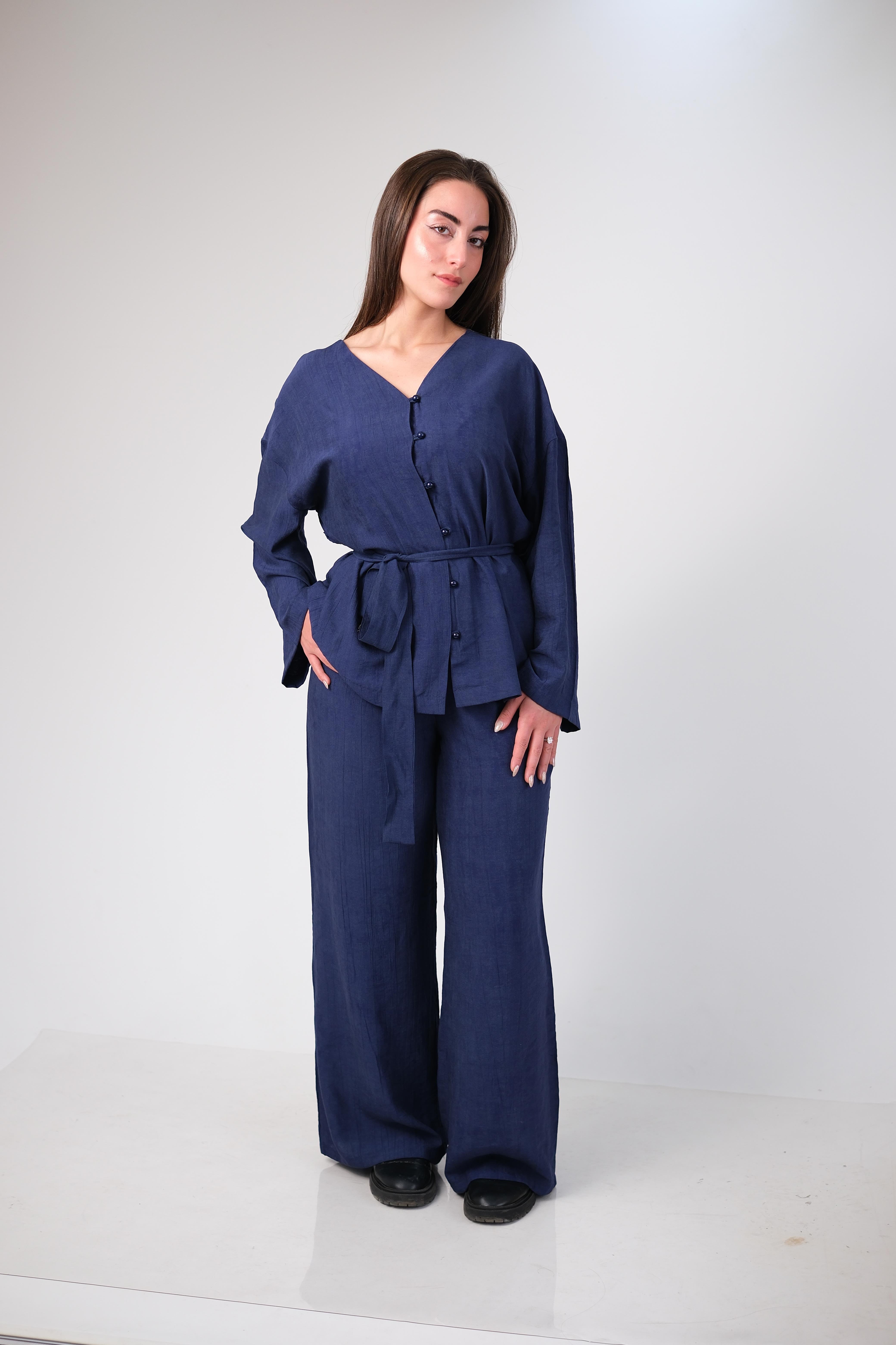 Koyu Mavi Oversize Gömlek Ve Pantolon Takım