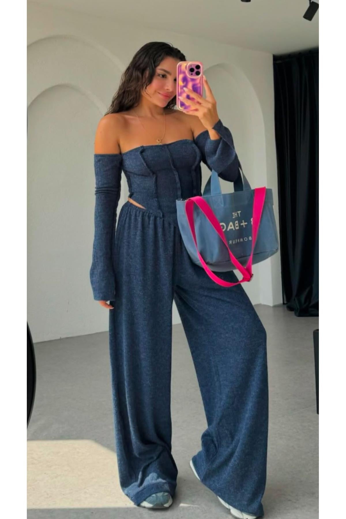 Lacivert Örme Straplez Bluz Ve Pantolon Takım