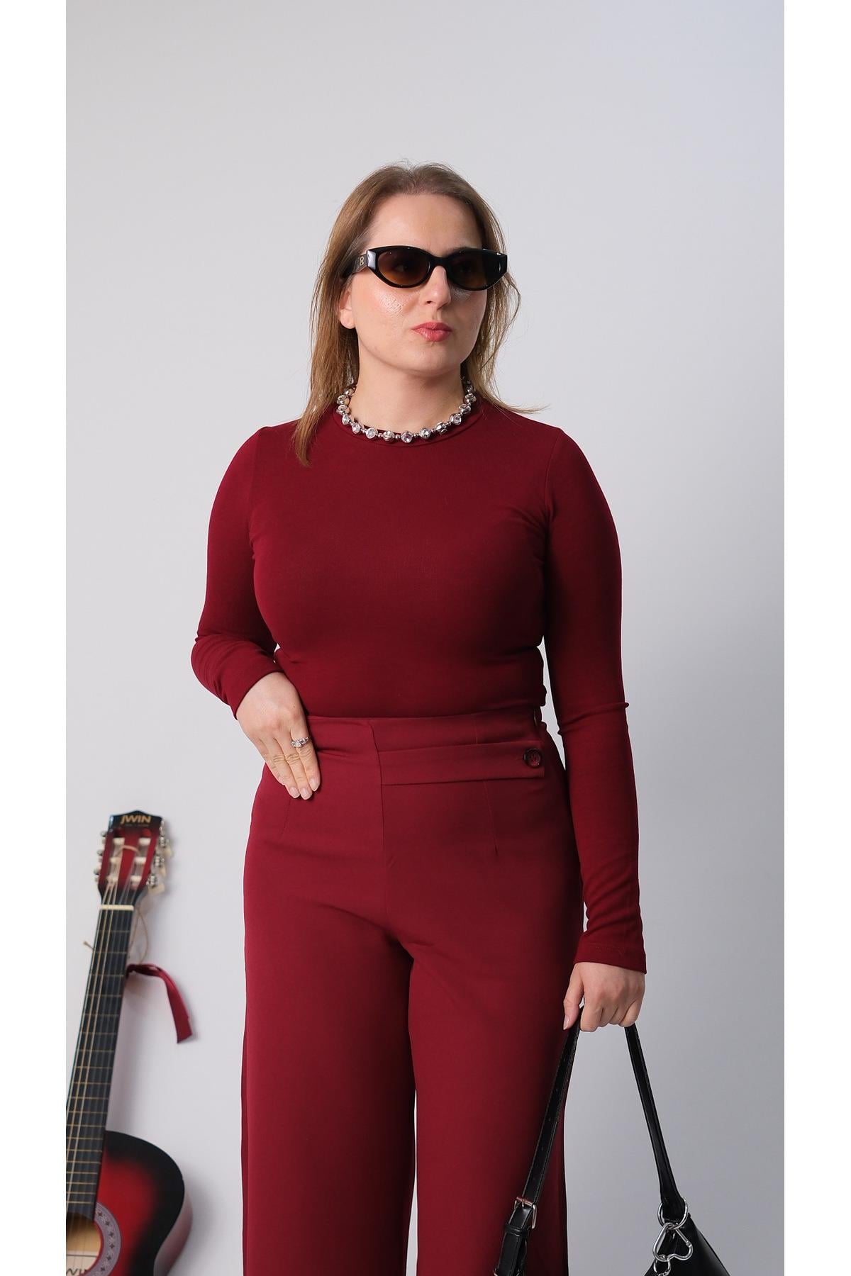 Parmak Geçmeli Bordo Bluz