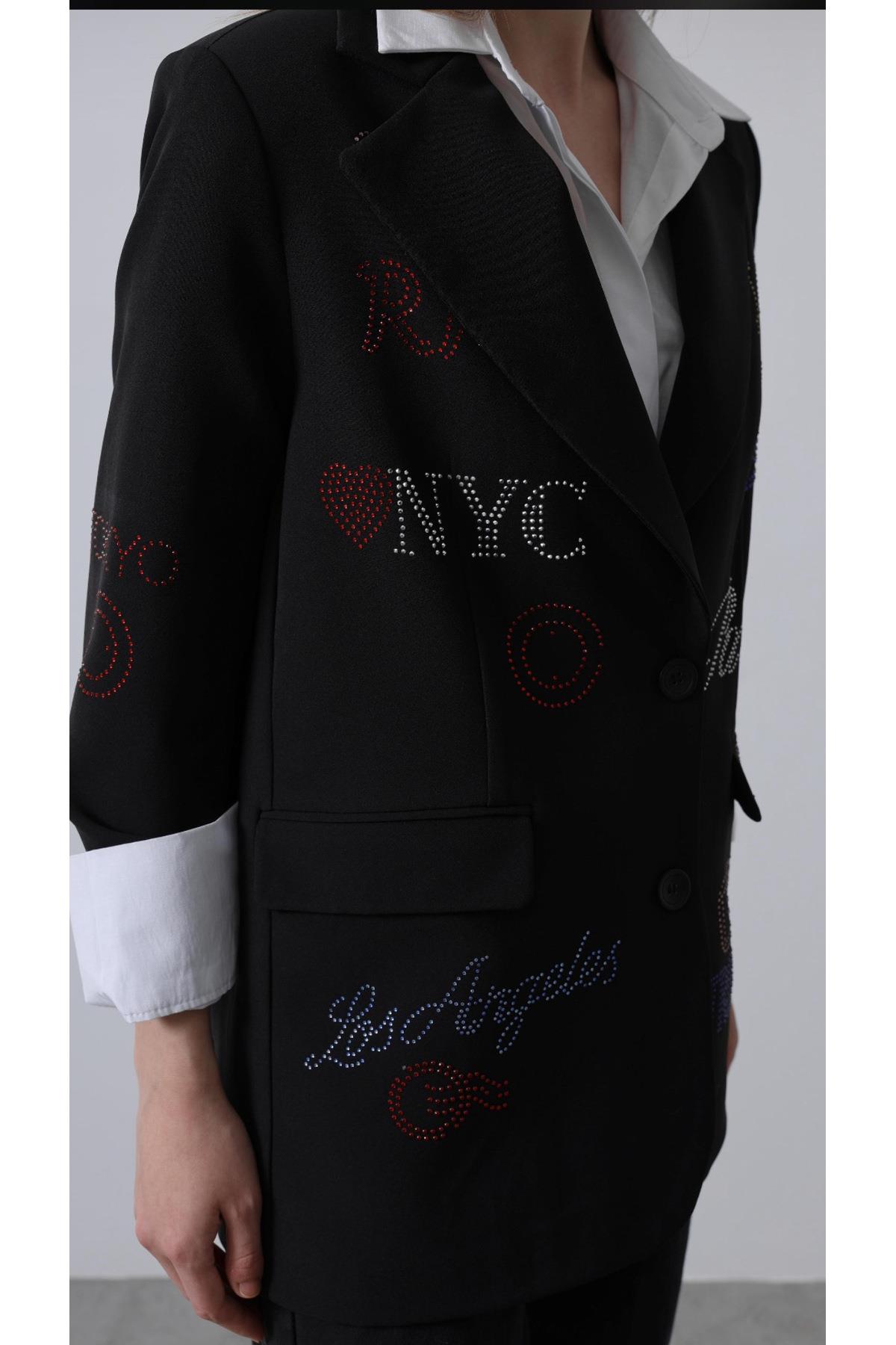 Taş Baskılı Vatkalı Siyah Blazer Ceket