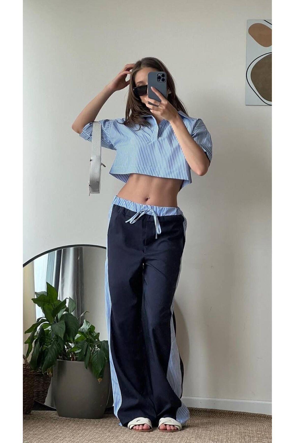 Tasarım Mavi Crop Gömlek Ve Pantolon Takım