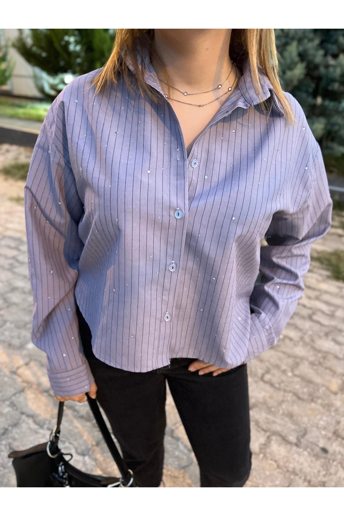 Taşlı ÇiZGİLİ Gri Gömlek