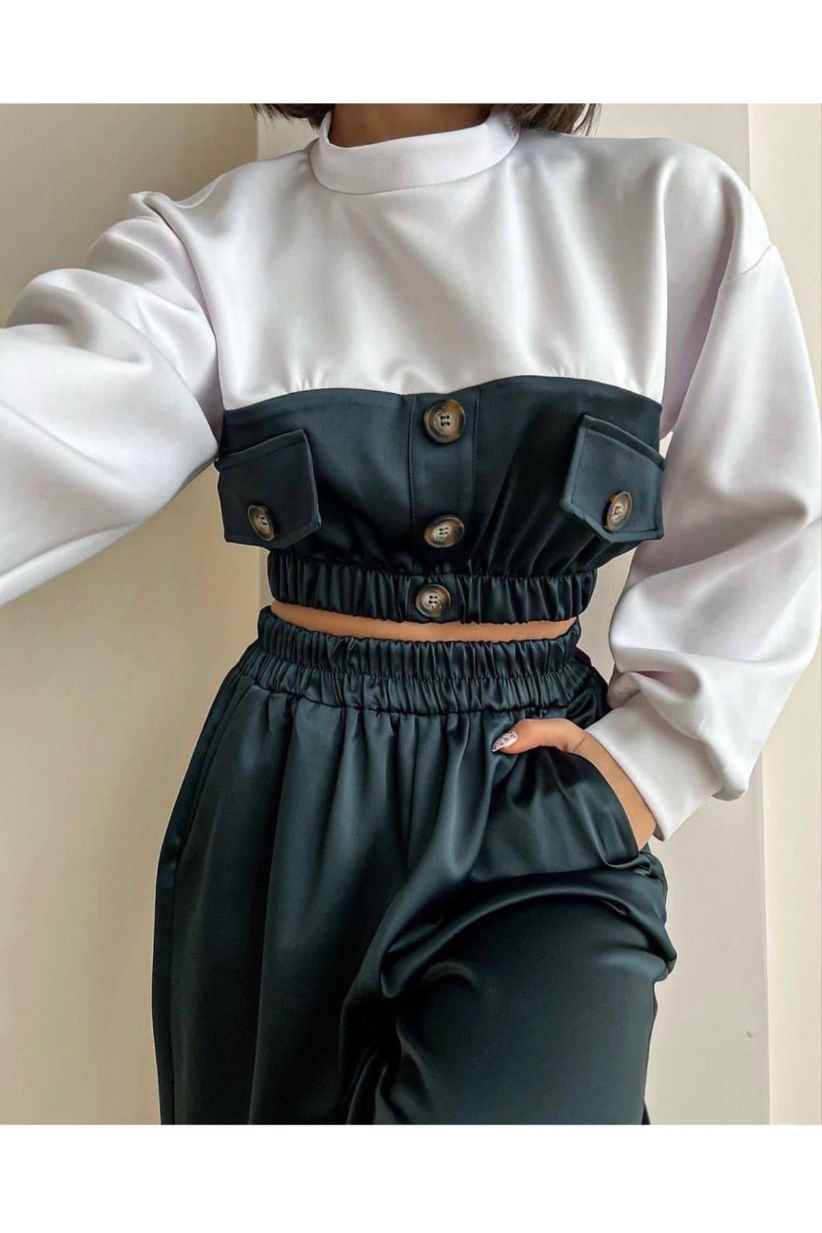 Yeşil Saten Detaylı Tasarım Sweatshirt Takım