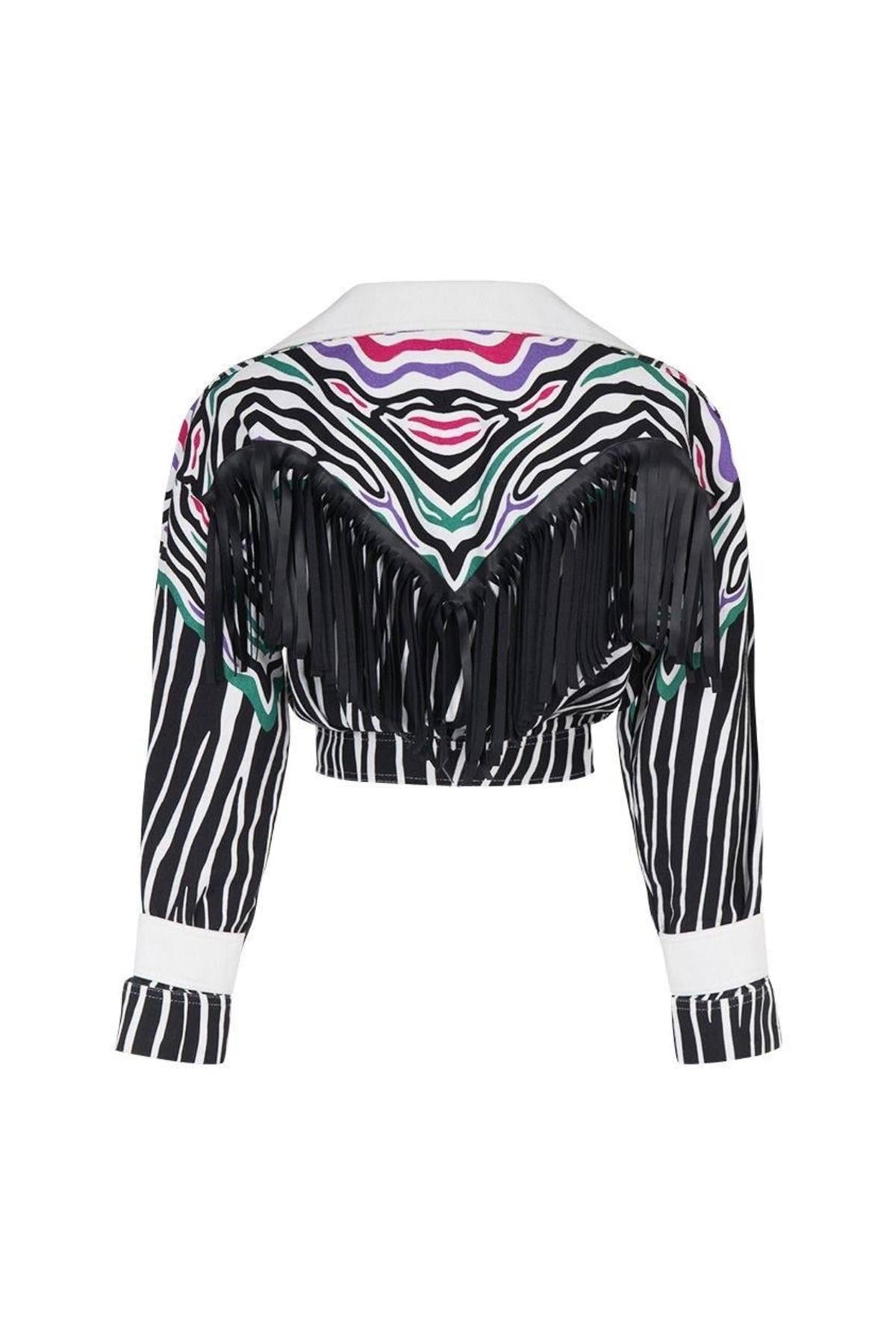 Zebra Desenli Deri Püsküllü Oversize Jean Ceket