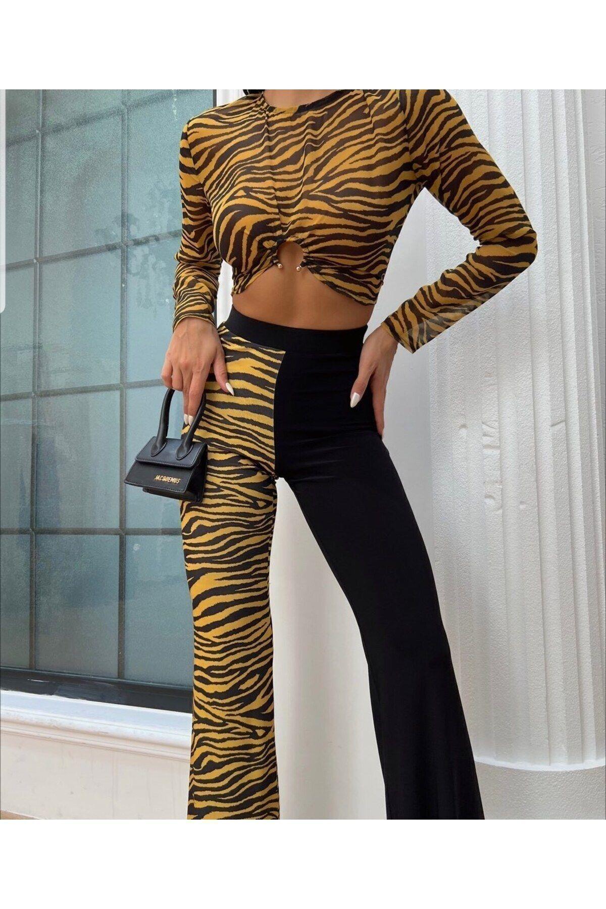 Zebra Desenli Üstü Tül Altı Penye Pantolon Takım