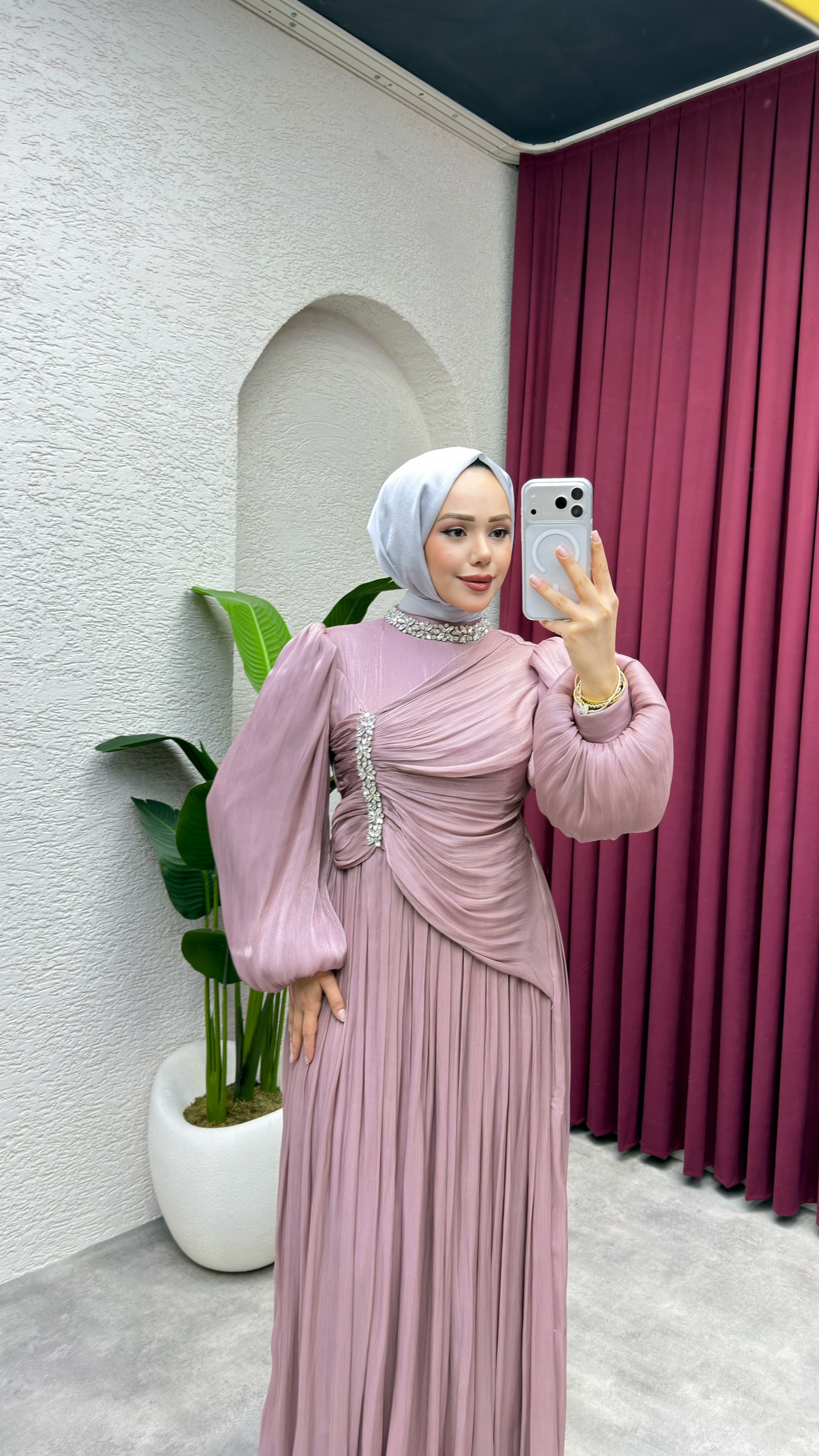 Diva Drape Detay Abiye 8083 Pudra