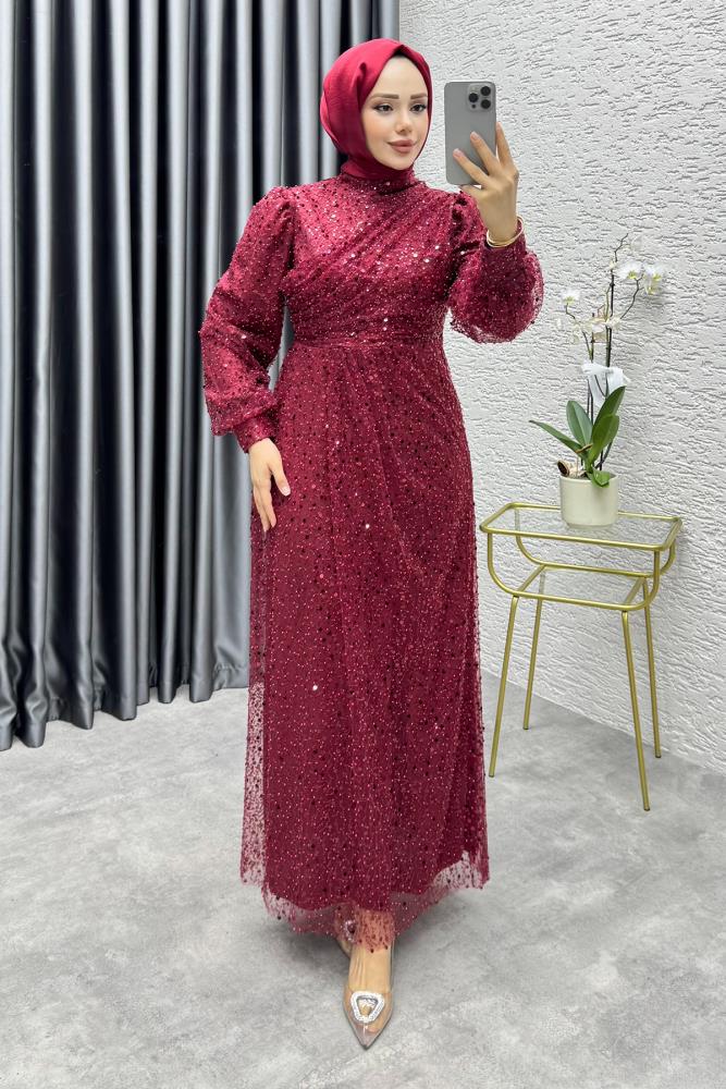 Drape İşlemeli Pullu Abiye 8012 Bordo
