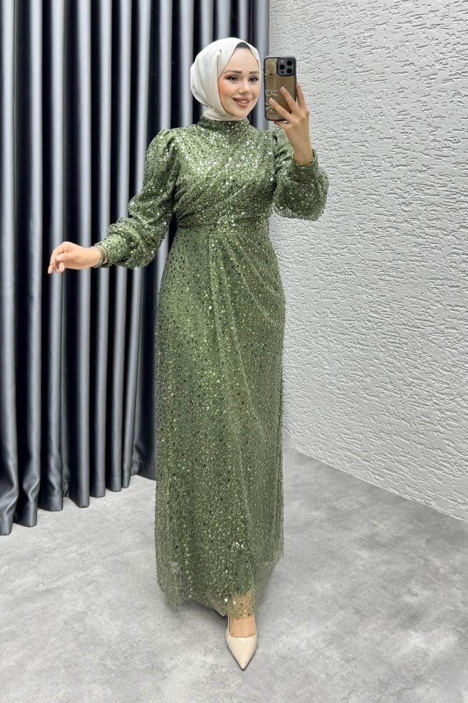 Drape İşlemeli Pullu Abiye | Haki